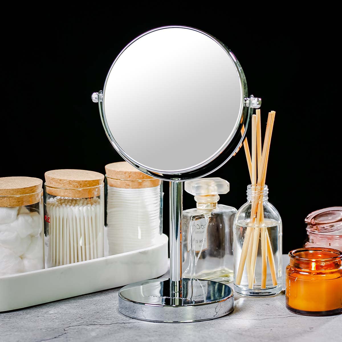 OVENTE 6-Inch Double-Sided Vanity Mirror with 1X/7X Magnification - 360° Swivel Stand, Polished Chrome Finish - Perfect for Makeup Application, Grooming & Skincare - Ideal for Bedroom Dresser, Bathroom Vanity & Office Desk