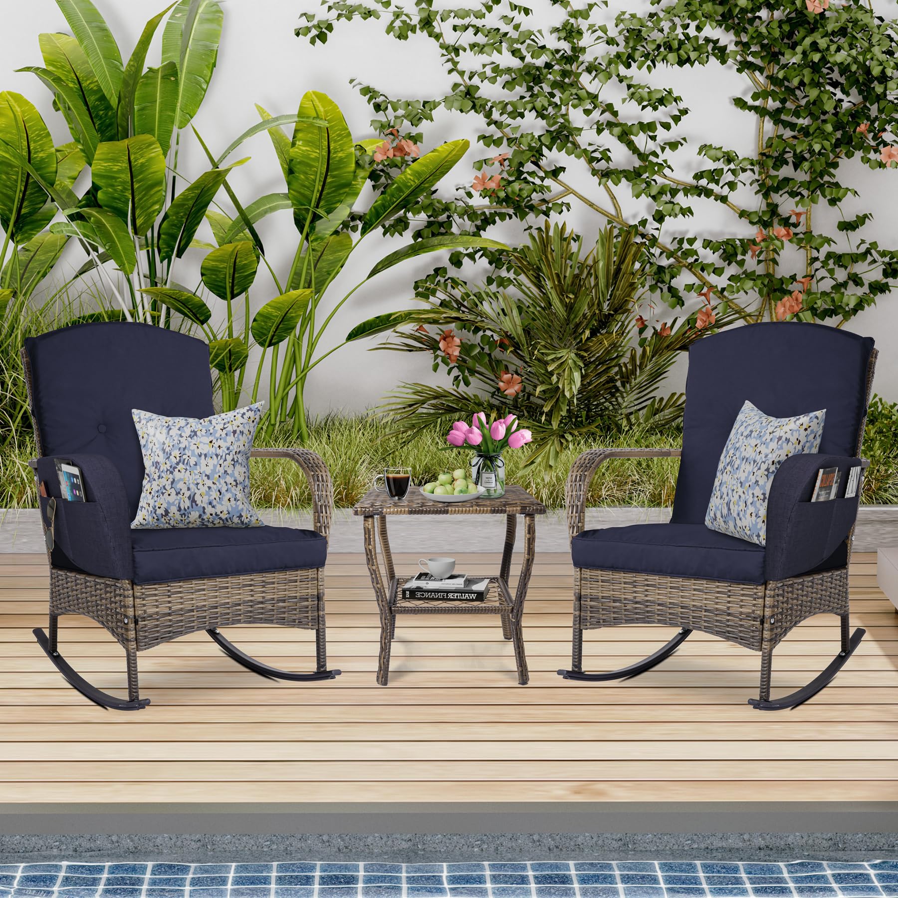 3-Piece Outdoor Patio Furniture Set with 2 Wicker Rocking Chairs, Glass Coffee Table & Cushions - Blue Bistro Conversation Set for Garden, Porch, Backyard | Perfect for Relaxing, Entertaining & Outdoor Dining