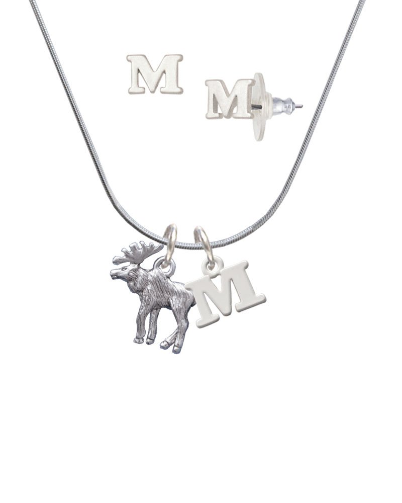 Silvertone Moose Initial Charm Necklace & Stud Earrings Jewelry Set - Perfect Gift for Birthdays, Christmas & Nature Lovers