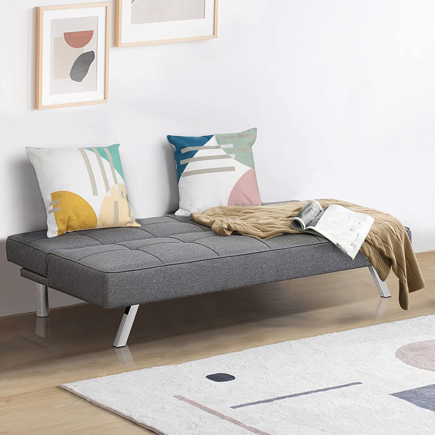 Convertible Folding Futon Sofa Bed - Modern Fabric Sleeper Couch with Recliner & Chrome Legs, Grey | Space-Saving Multi-Functional Furniture for Living Room, Dorm, Apartment & Office (Perfect for Small Spaces, Guest Sleeping & Lounging)