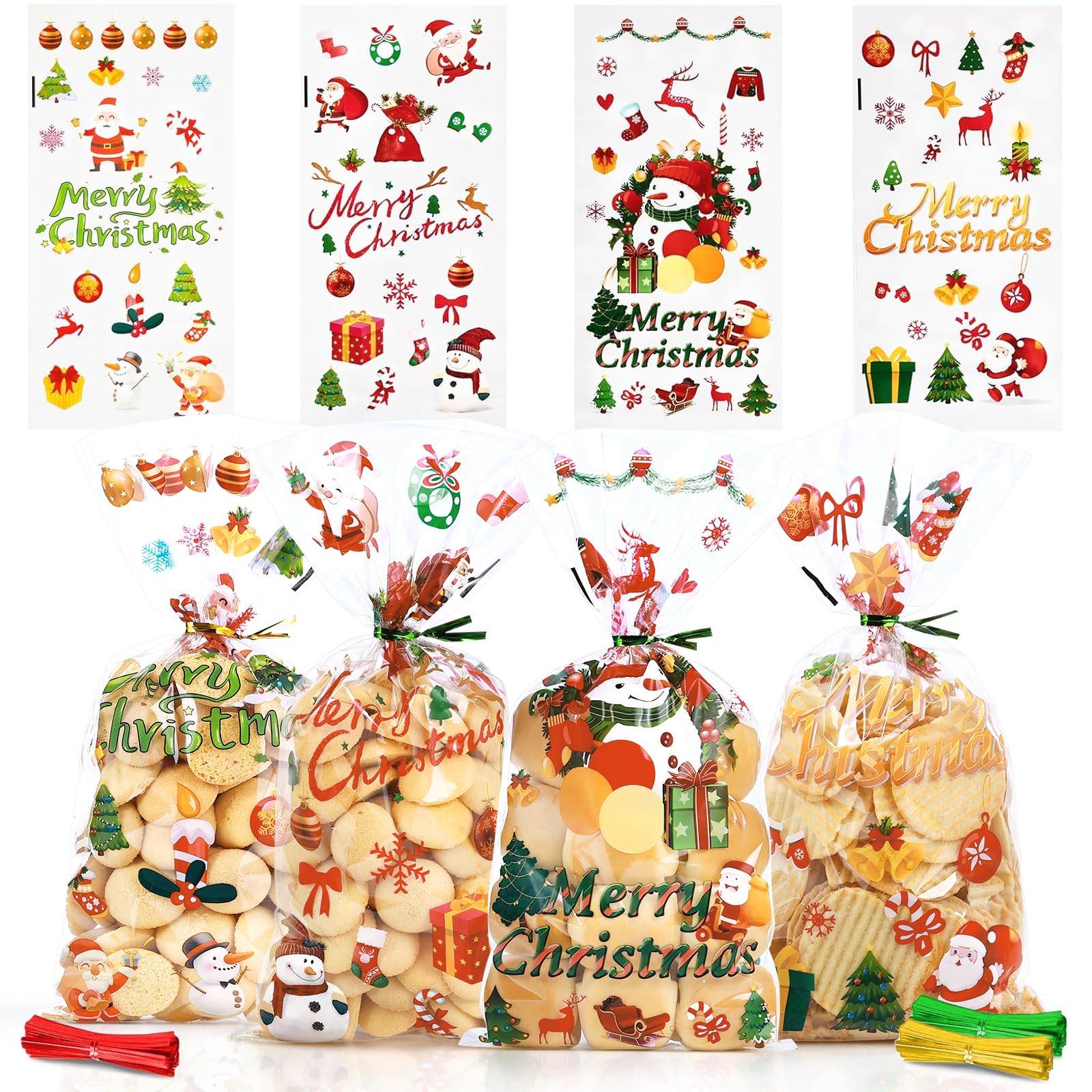 120 Pcs Clear Christmas Cellophane Treat Bags with Santa Claus & Bells Pattern - Holiday Candy Bags for Xmas Party Favors, Gift Wrapping & Home Decorations