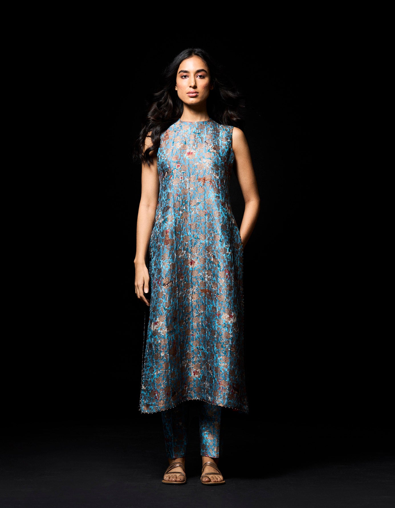 Blue Silk Brocade Zipper Kurta for Women - Elegant Indian Ethnic Wear for Festivals, Weddings & Special Occasions