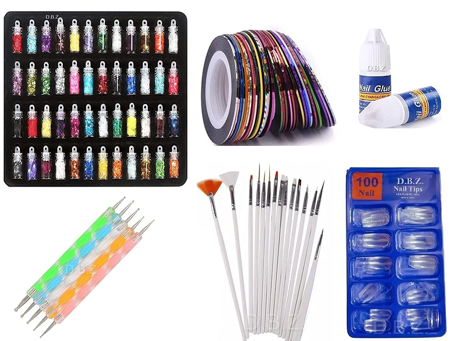 48 Pcs Glass Bottles with Multicolor Glitter Powder & Sparkling Dust - Nail Art Kit Includes 100 Transparent Nails, 5 Nail Tapes, 15 Brushes & 5 Dotting Pens - Perfect for DIY Nail Designs, Manicures, and Creative Beauty Projects