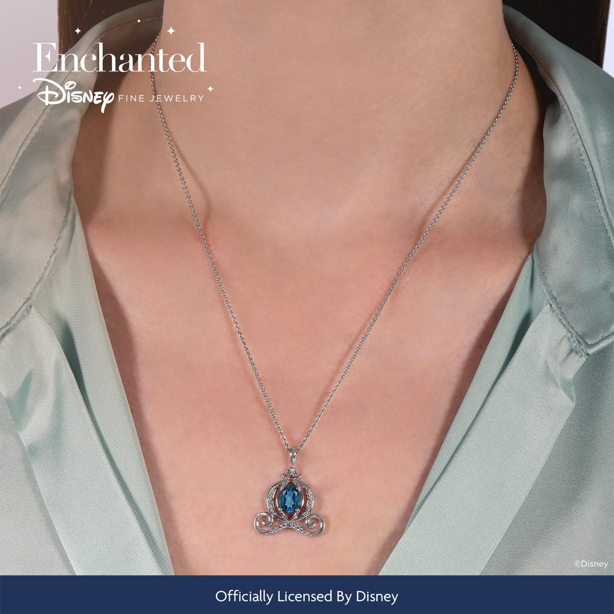 Jewelili Enchanted Disney Fine Jewelry 925 Sterling Silver Cinderella Carriage Pendant Necklace with 1/10 CTTW Diamond & London Blue Topaz - Perfect for Disney Fans, Birthday Gifts & Special Occasions