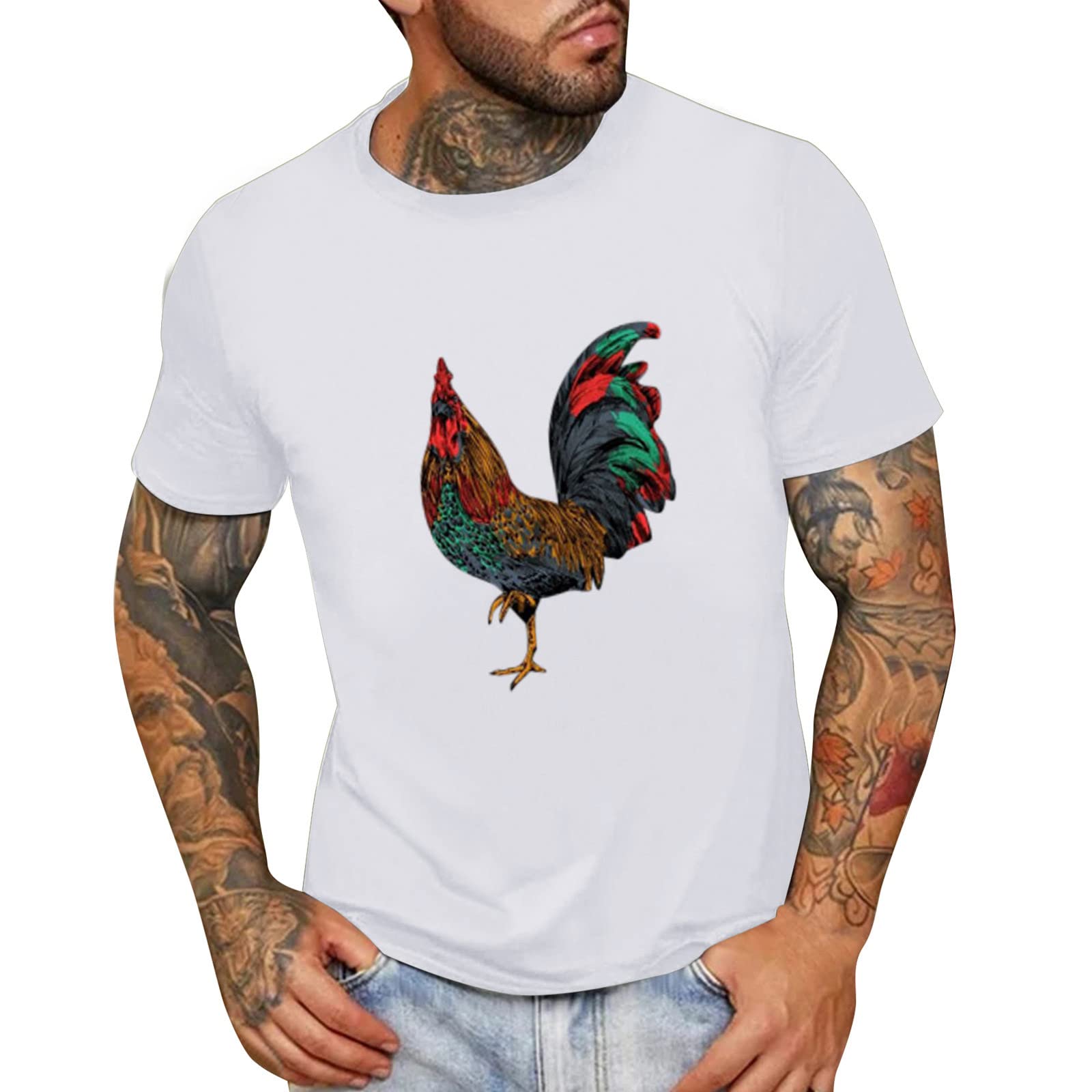 BEUU Men's Short Sleeve T-Shirt - 2023 Summer Casual Crewneck Tee with Cock Print, Loose Fit Gym & Workout Shirt, Comfortable Cotton Tops for Daily Wear, Street Fashion & Outdoor Activities
