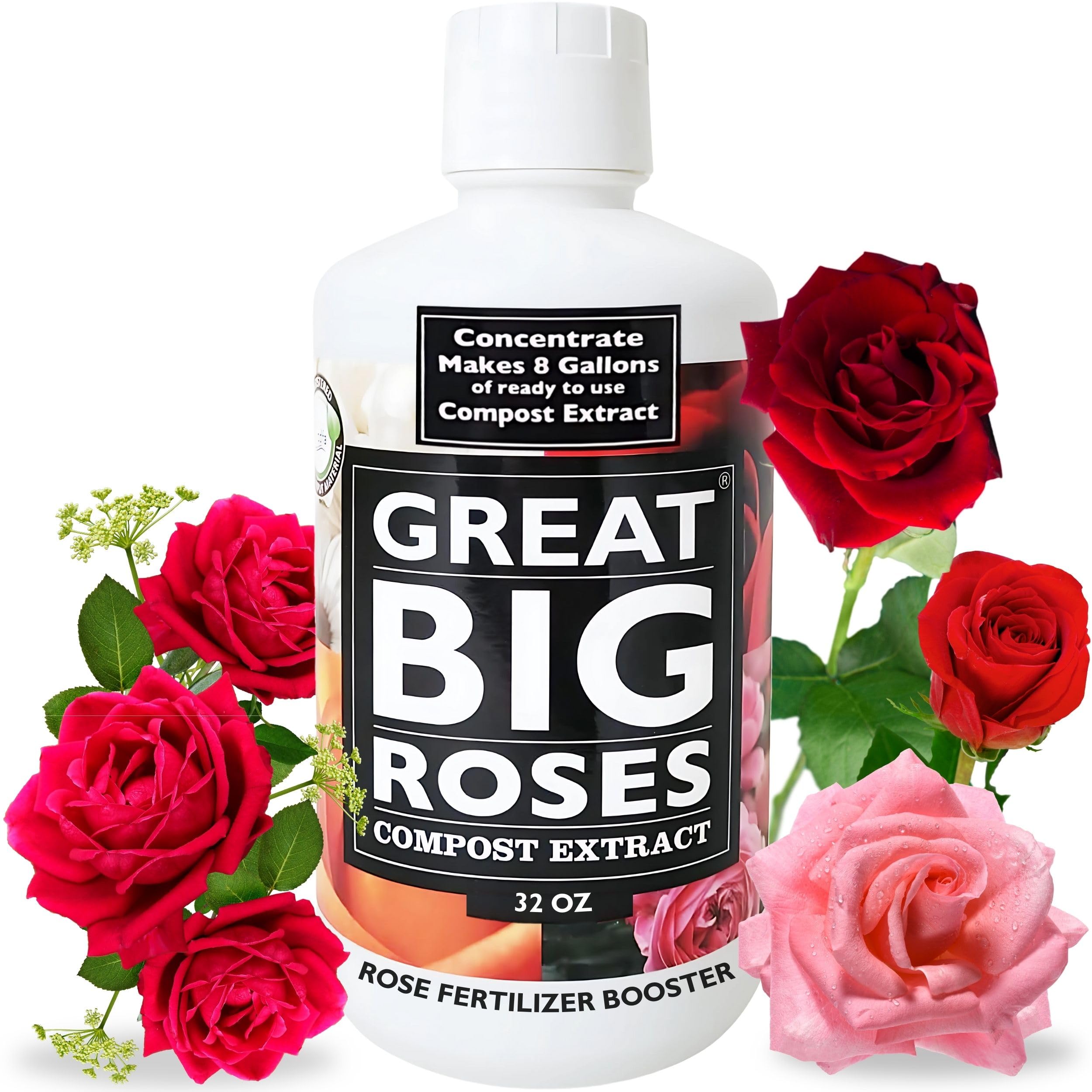 Premium Rose Fertilizer & Soil Booster - Organic Compost Extract for Lush Roses & Flowers, 32oz Concentrate (Makes 8 Gallons) - Ideal for Rose Bushes, Garden Beds & Container Gardening
