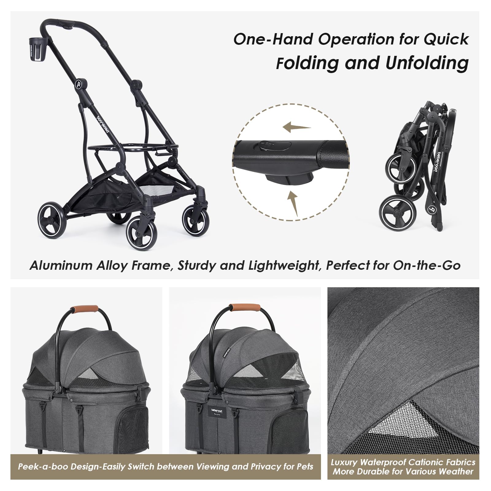 T3 3-in-1 Small Pet Stroller for Dogs & Cats - 4-Wheel Lightweight Folding Stroller with Removable Carrier, Cushion Pad, Sun Canopy & Cup Holder - Perfect for Walking, Shopping & Outdoor Adventures (Black)