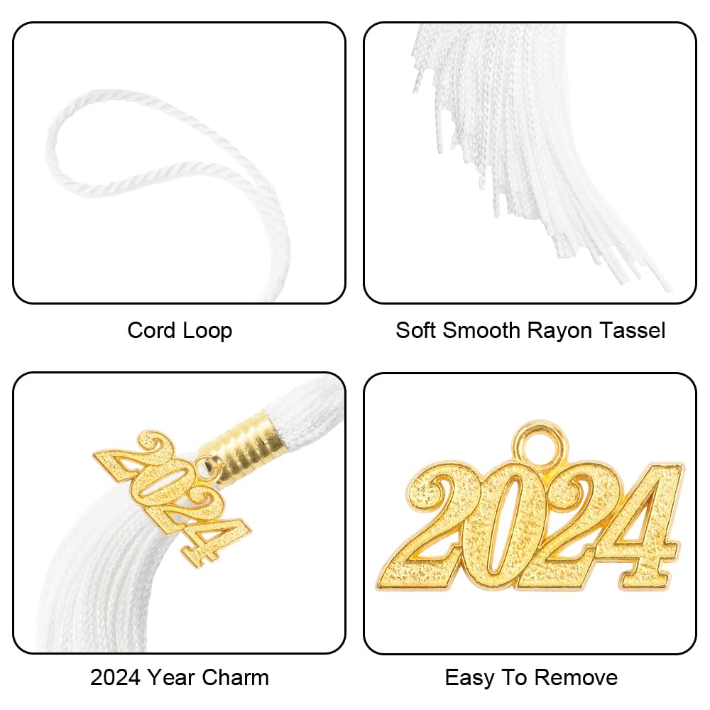 2024 Graduation Tassel Set - 2 Pack White Cap Tassels with 2024 Year Charm | Perfect for High School & College Graduation Ceremonies, Photo Props, and Graduation Party Decorations
