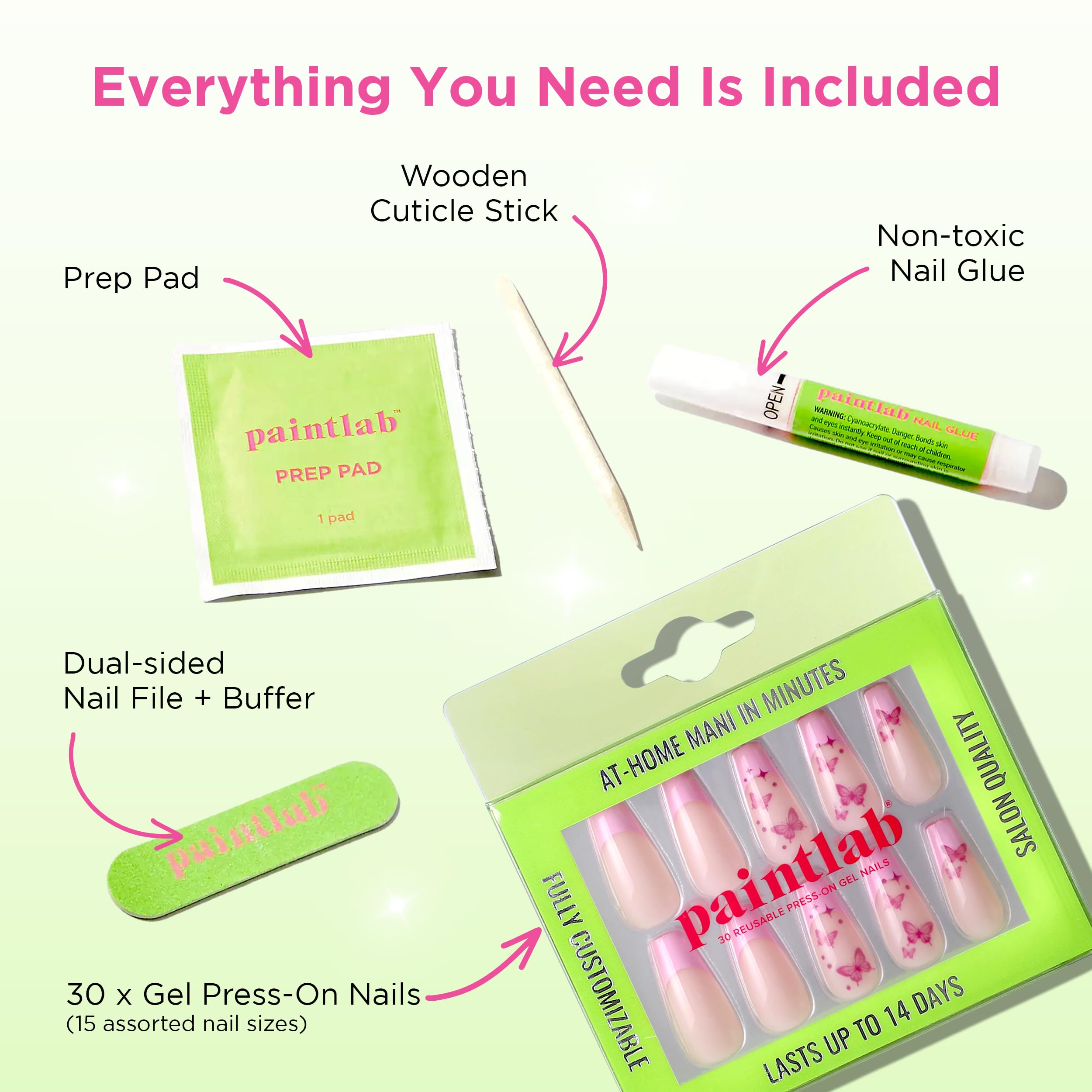 PaintLab Press-On Nails Kit - 30PCS Butterfly Kiss Fake Nails with Glue, Nail File, Prep Pad & Cuticle Stick | Long-Lasting Manicure Set for Parties, Weddings & Daily Wear