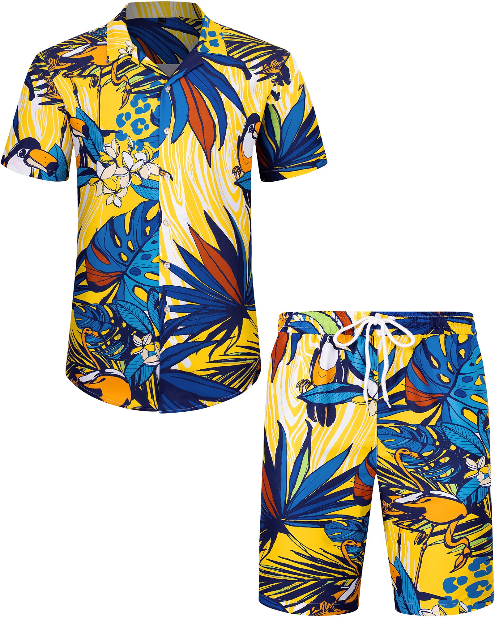 **Men's Hawaiian Shirt & Shorts Set - Casual Button Down Short Sleeve Shirt with Tropical Print - Beach Vacation, Summer Party & Outdoor Wear**