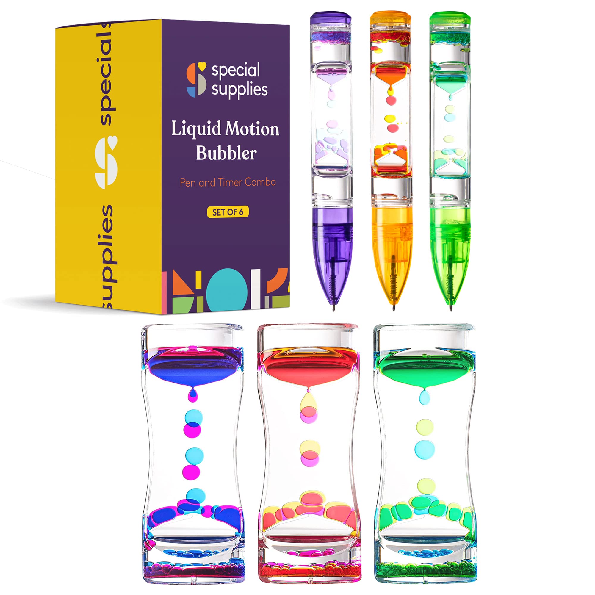 6-Pack Colorful Liquid Motion Bubbler Toys with Droplet Movement - Sensory Hourglass Timers for Stress Relief, Meditation & Focus | Perfect for Classroom, Office, Bedroom & Therapy Use (Includes 3 Pens & 3 Timers)