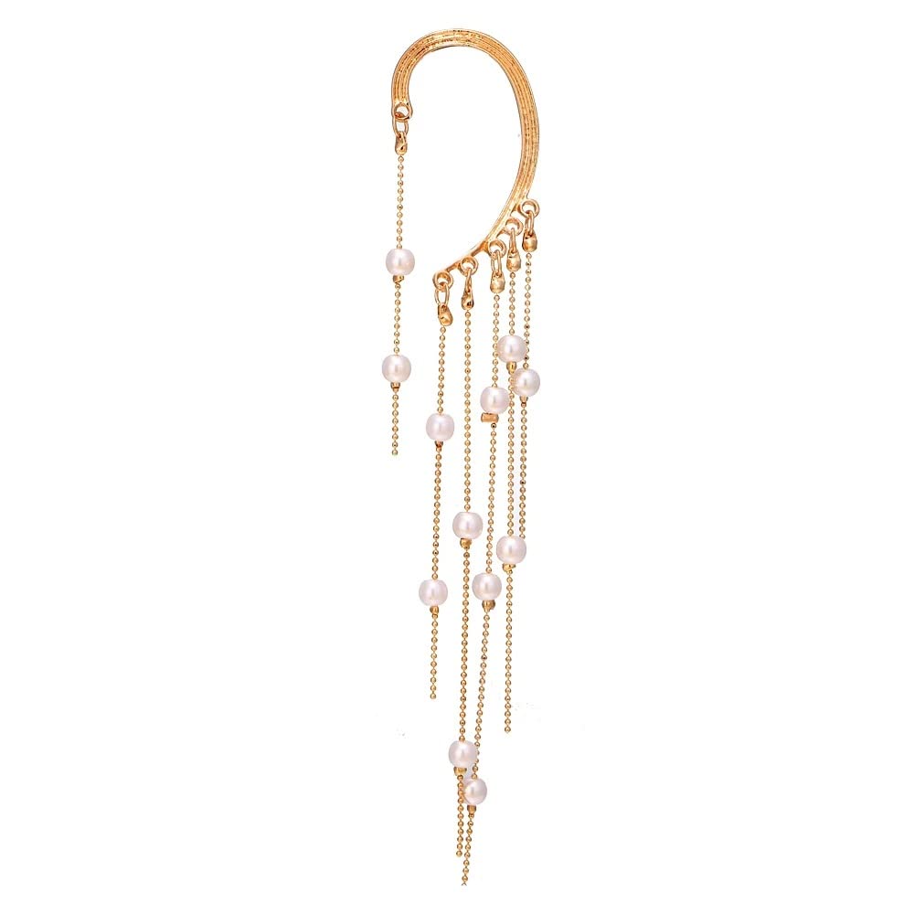 Non-Piercing Gold Pearl Wrap Ear Cuffs with Long Tassel Dangle - Elegant Women's Jewelry for Parties, Weddings & Special Occasions