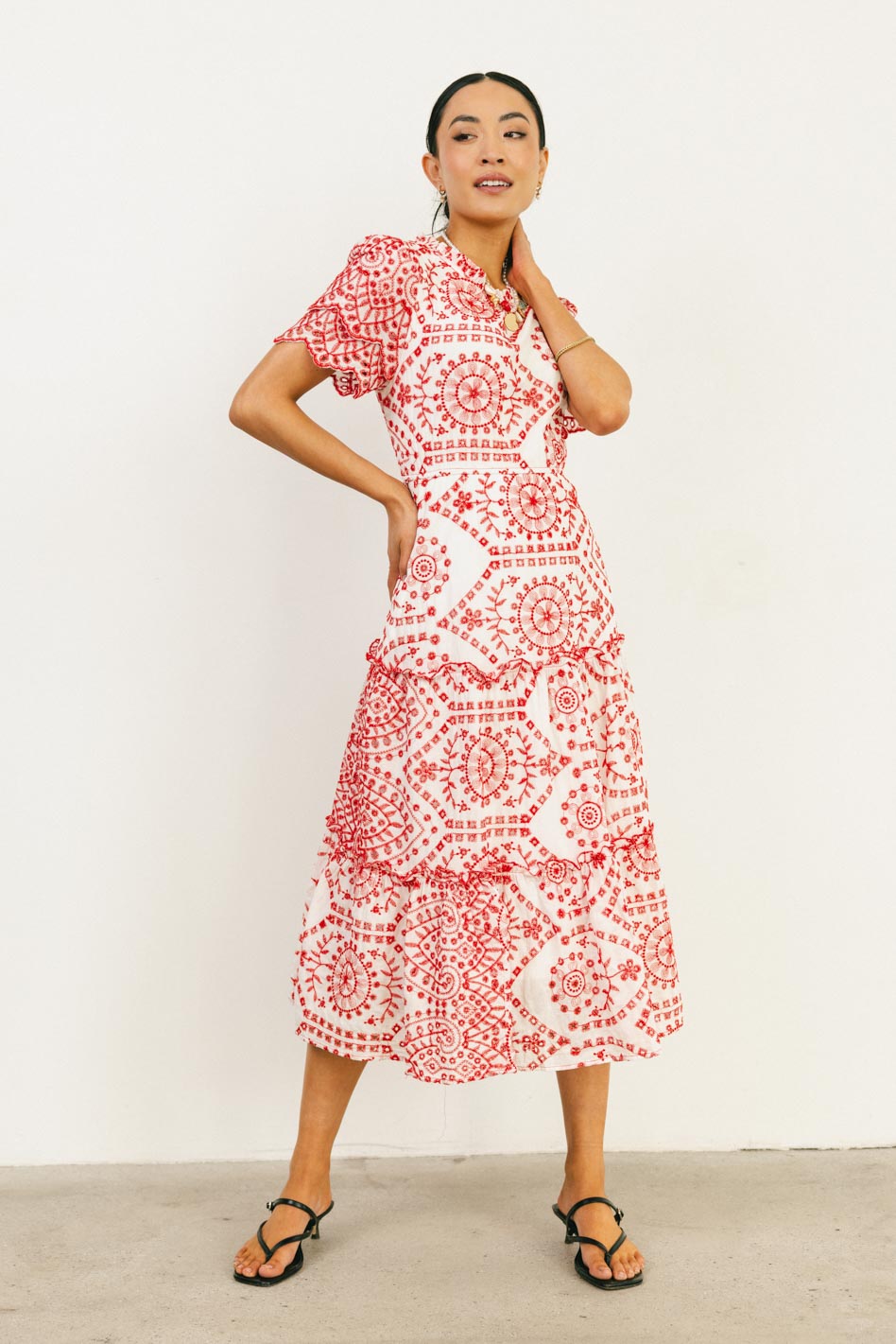 Alena Eyelet Lace Dress in Red - Elegant Summer Floral Dress for Women | Perfect for Weddings, Parties & Special Occasions