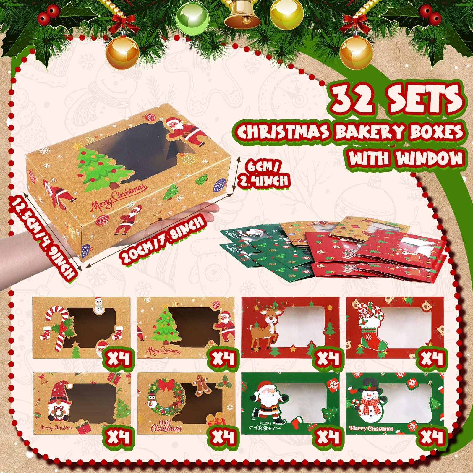 32 Pcs Christmas Cookie Boxes with Window - 8 Designs Bakery Pastry Gift Boxes for Holiday Treats, Candy & Cookies | Perfect for Christmas Gifts, Party Favors & Dessert Packaging
