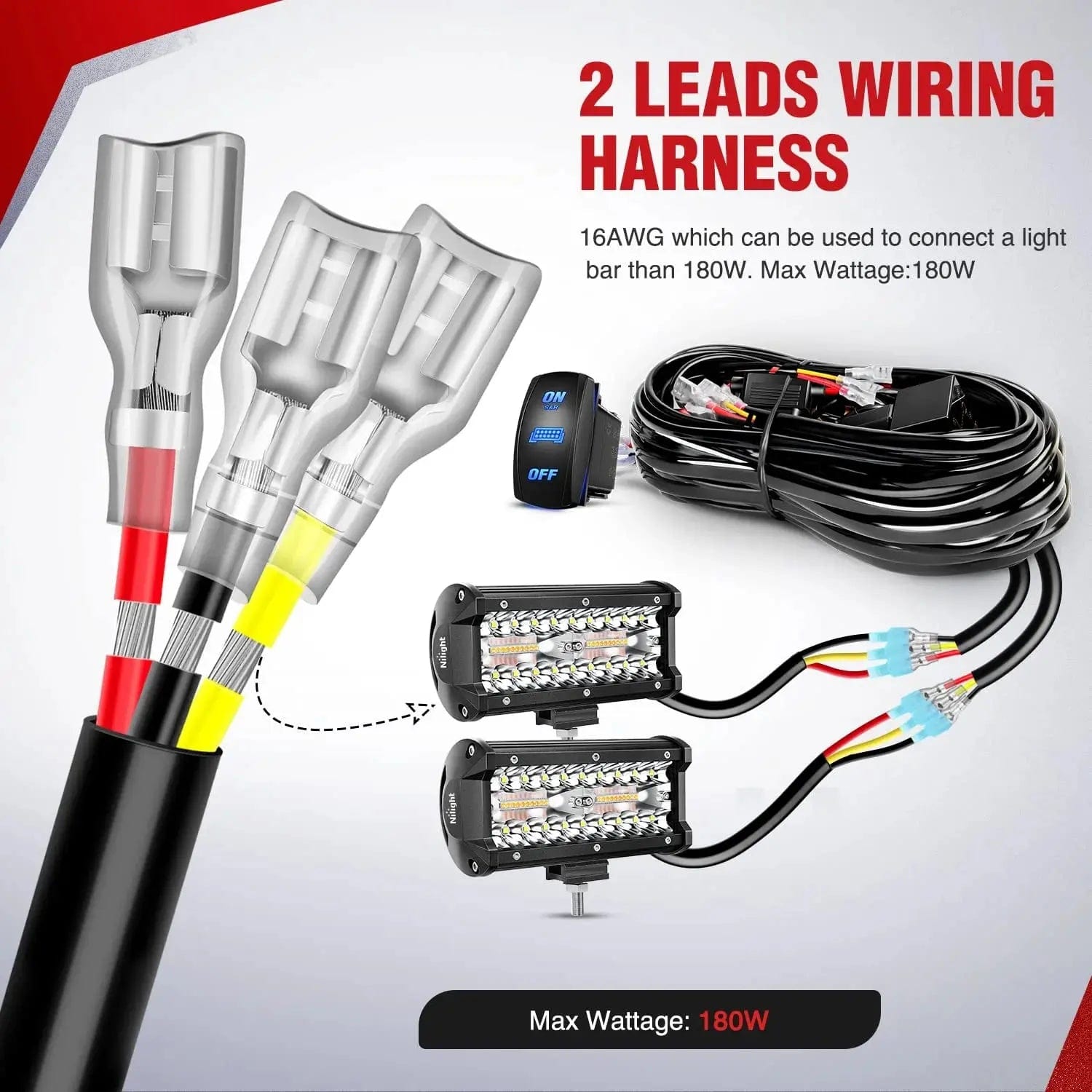 16AWG Amber White Light Bar Wire Harness Kit with 12V 8-Pin Switch, 2 Fuses & 6 Spade Connectors - Perfect for Off-Road, Truck, ATV, and Marine Lighting Installations