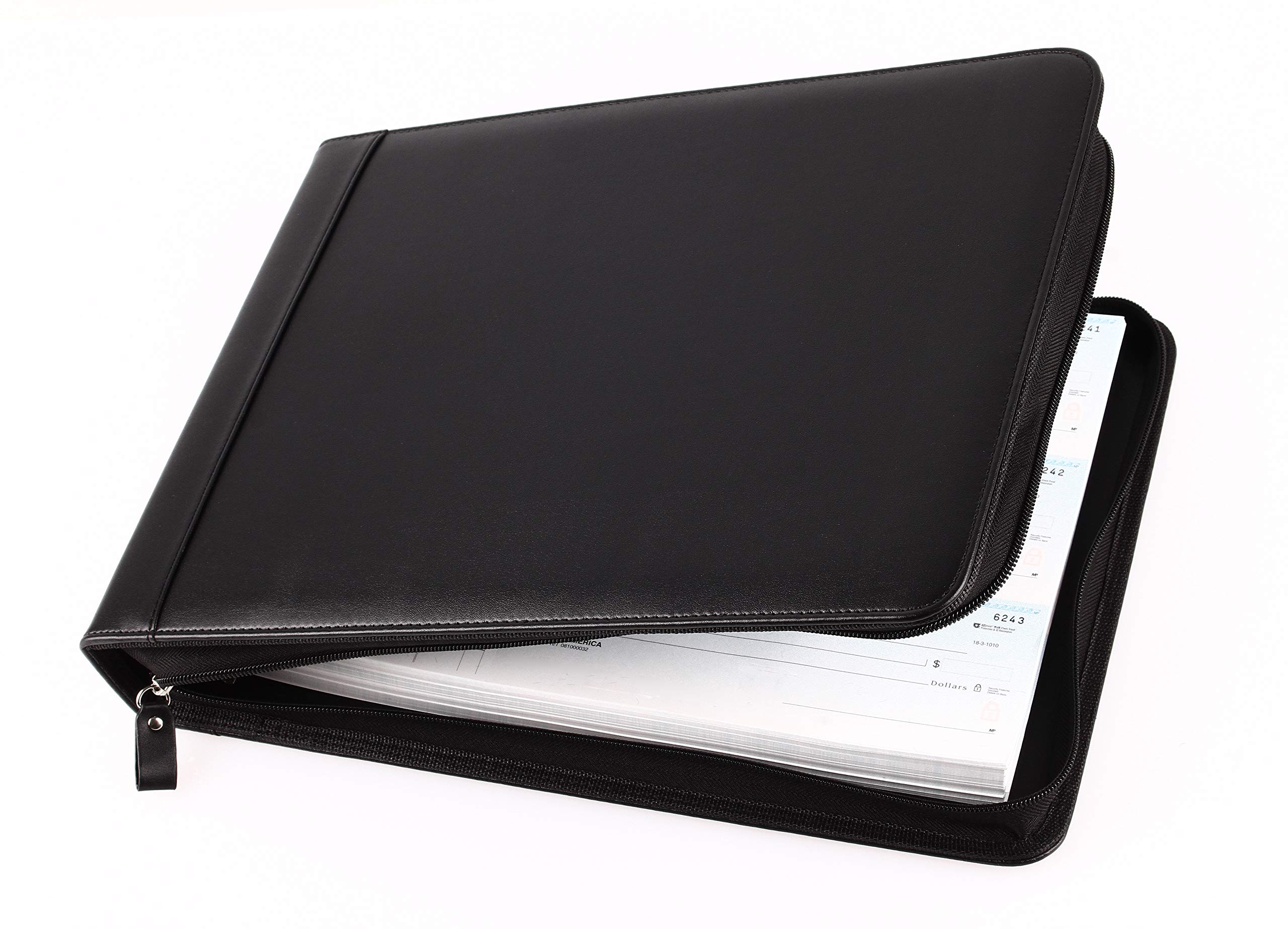 Premium 2Fold PU Leather Binder Portfolio - 7 Ring Business Check Organizer with Built-in Card Holder - Holds 600 3-Up Checks (Black) - Perfect for Accountants, Small Business Owners & Office Professionals