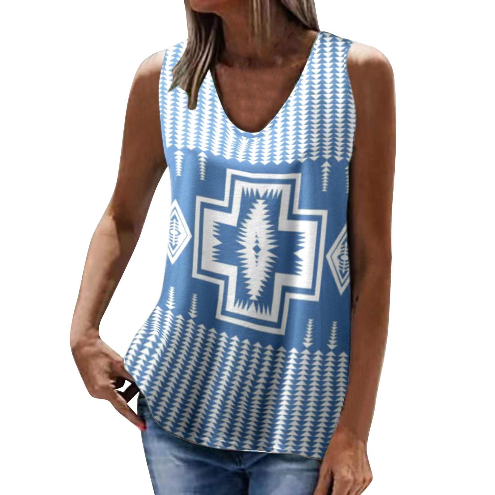 Vacger Women's Geometric Print Sleeveless Tank Top - Round Neck Summer Blouse for Casual Wear, Beach Outfits & Layering
