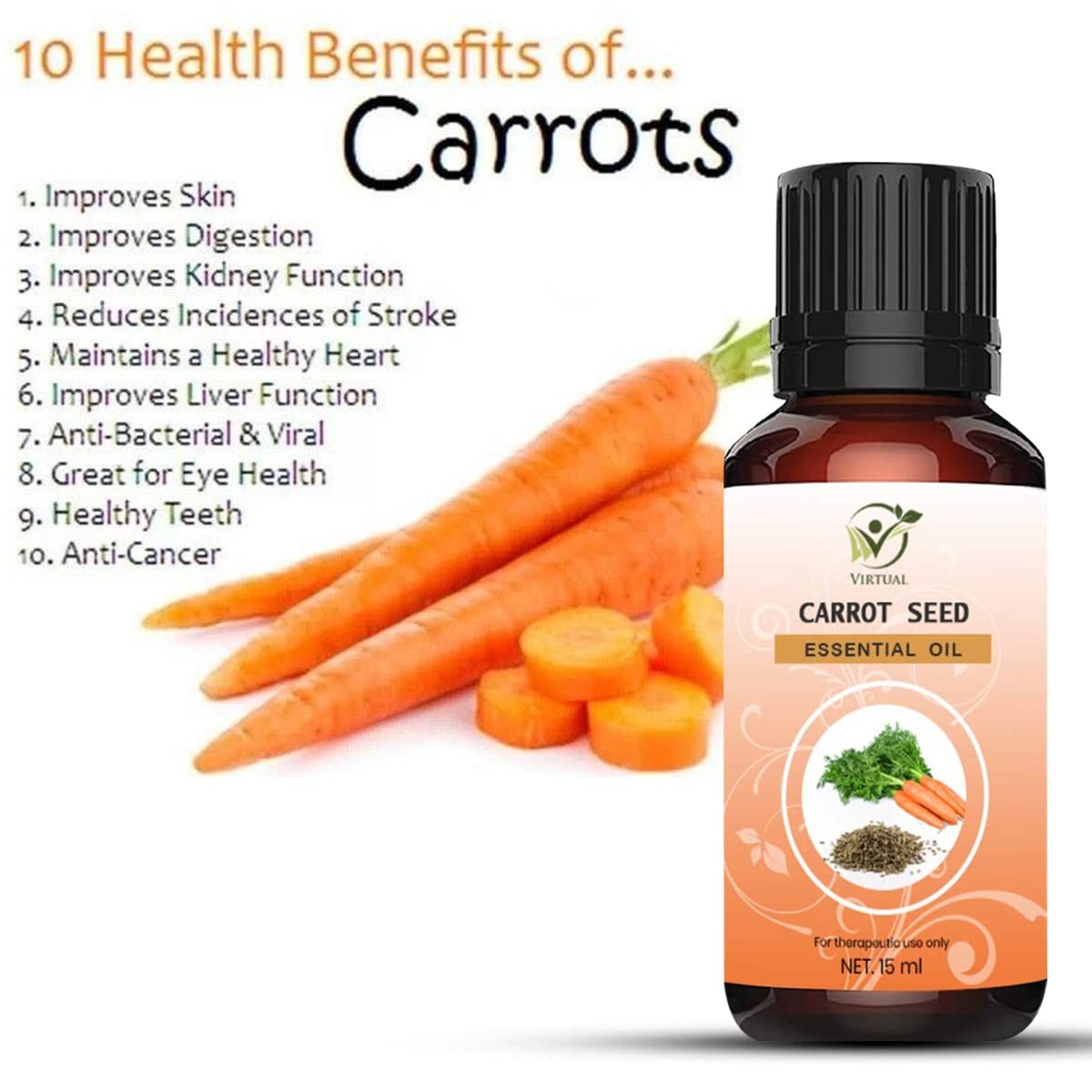100% Pure & Natural VIRTUAL Carrot Seed Essential Oil - 100ml for Face, Skin & Hair Care | Hydrating, Anti-Aging & Scalp Treatment | Perfect for Aromatherapy, Massage & DIY Beauty Products