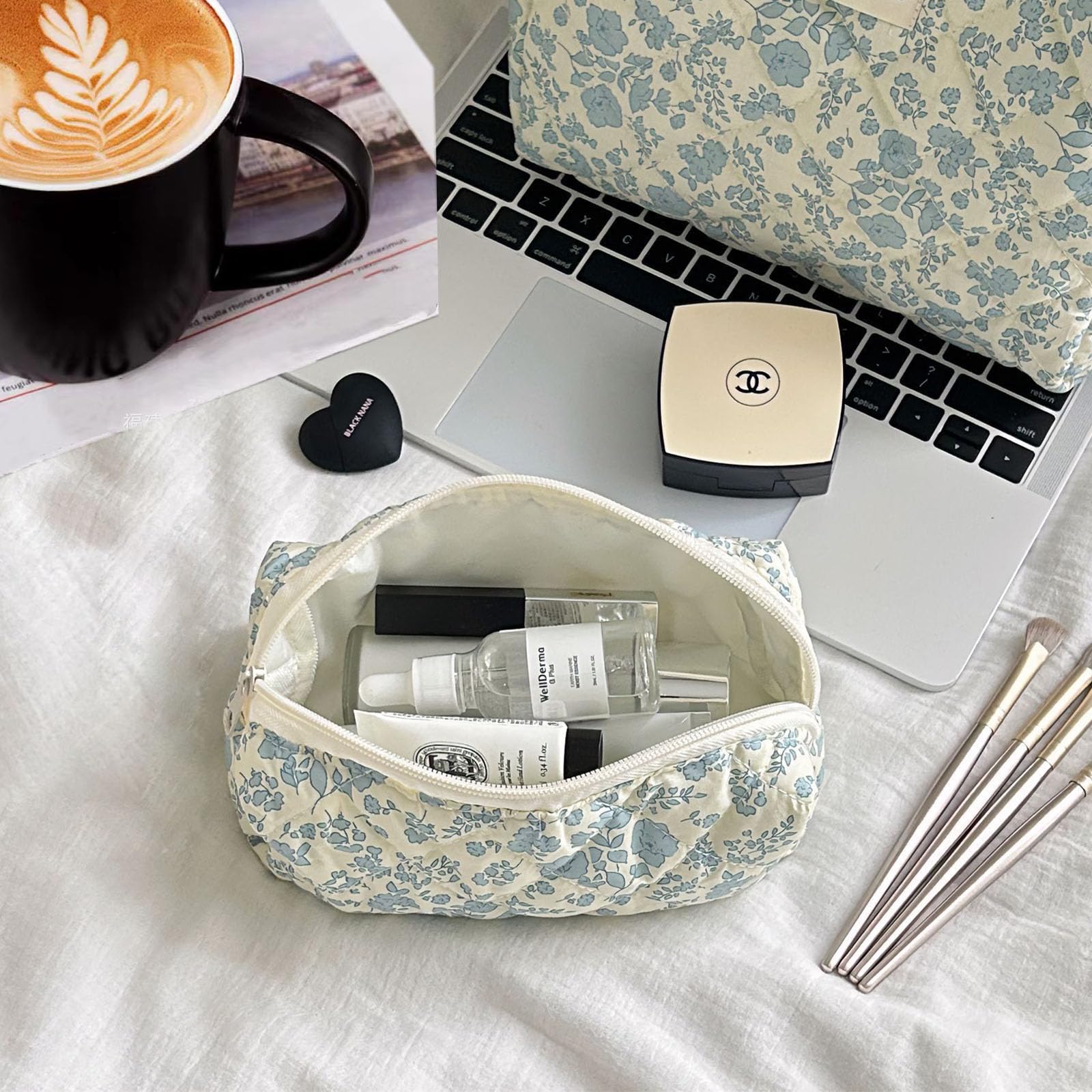 Quilted Floral Makeup Bag Set - 2PCS Large Cosmetic Organizers for Women | Travel & Daily Use