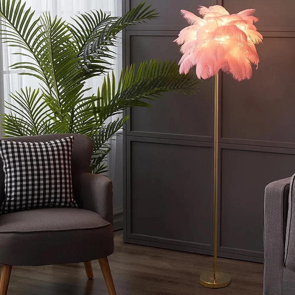 KunMai 5-Light Modern Pink Feather Floor Lamp with Gold Finish - Elegant Standing Feather Lighting for Bedroom, Living Room, Nursery | Romantic Ambiance, Home Decor, Reading Light (Pink, No Shelf)