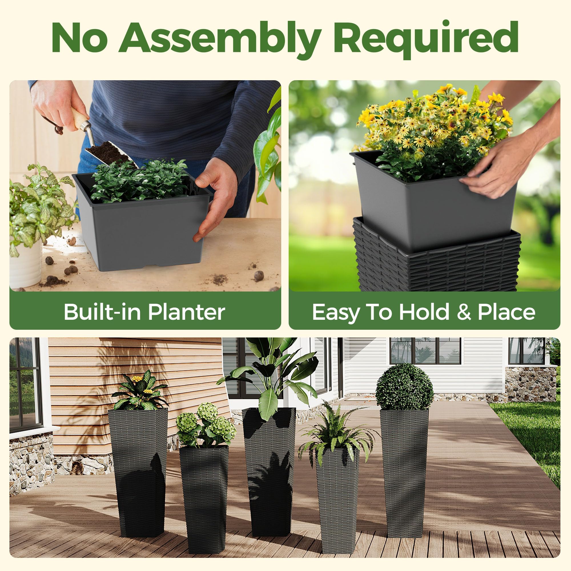 GARVEE 2 Pack Large Indoor Outdoor Planters with Drainage Holes - 24 & 32 Inch Tall Flower Pots for Trees, Plants - All Weather Durable Plant Pots with Removable Insert Bucket (Black) - Perfect for Patio, Garden, and Home Decor