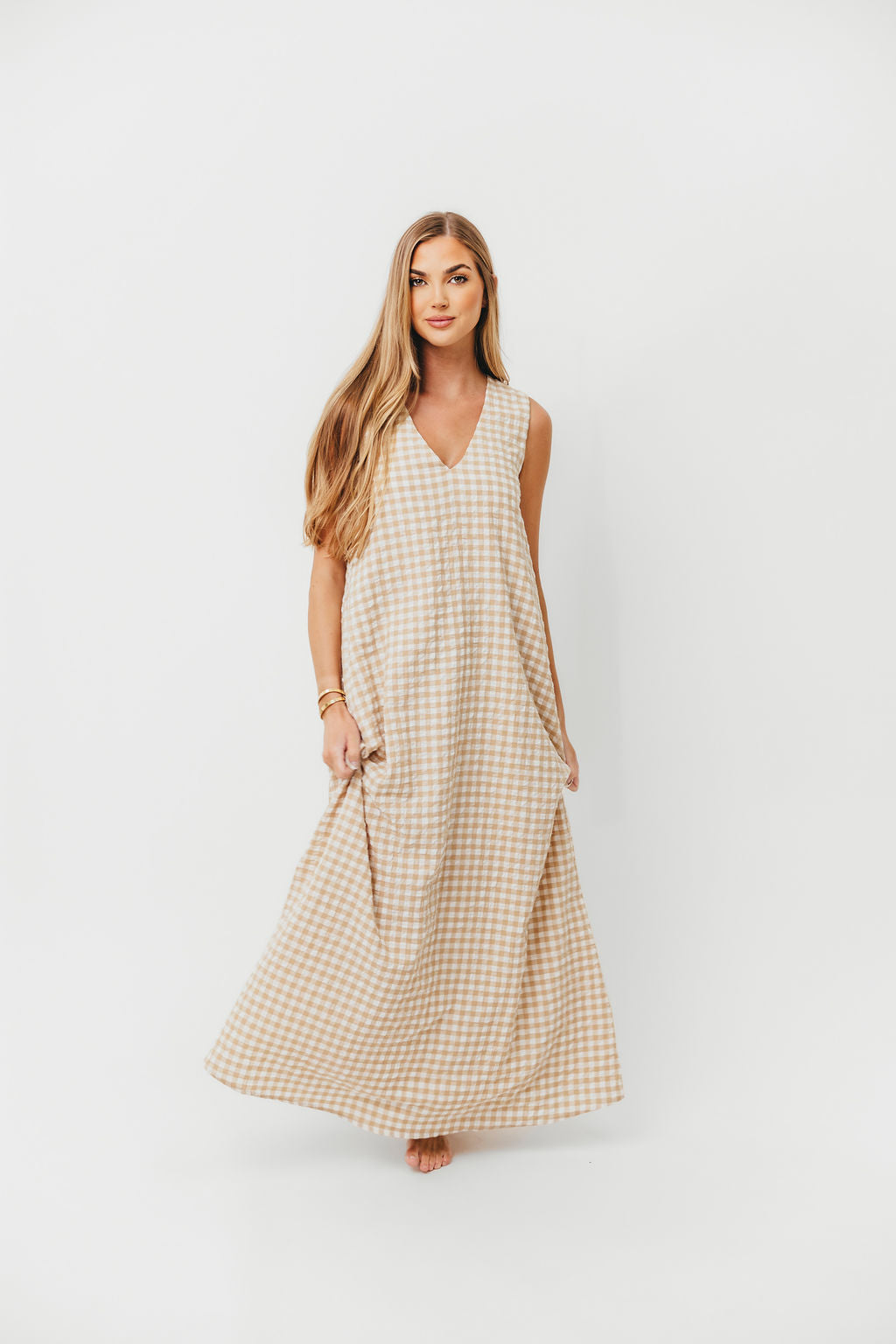 Ruthie Gingham Maxi Dress in Honey - Flowy Summer Dress for Women, Boho Chic Long Dress with Pockets, Perfect for Beach, Vacation & Outdoor Events