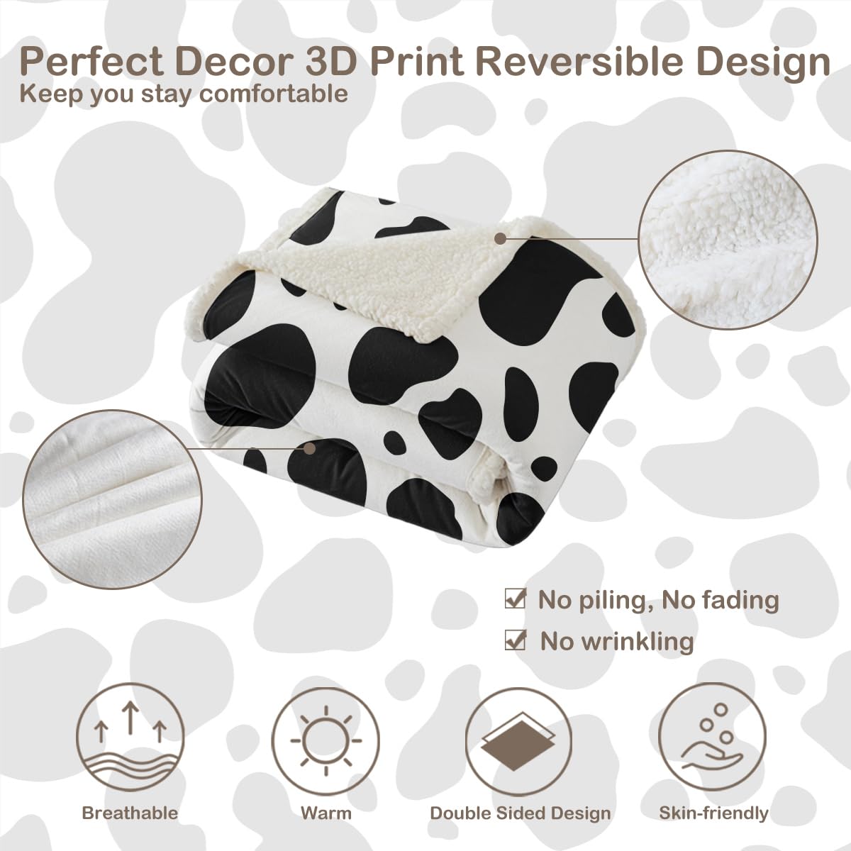 Sleepwish Black and White Cow Print Sherpa Fleece Throw Blanket - 50x60 Inch Soft Plush Animal Pattern Blanket for Kids, Girls, Boys & Women - Perfect for Bedroom, Sofa, Picnic & Cow Lover Gifts