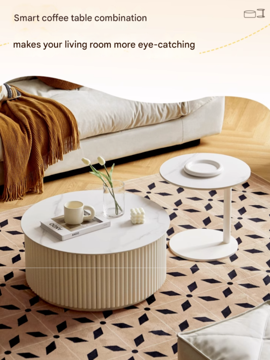 Birch Solid Wood Cream Style Rock Plate Coffee Table - Modern Scandinavian Living Room Furniture for Small Spaces, Home Decor, and Cozy Gatherings