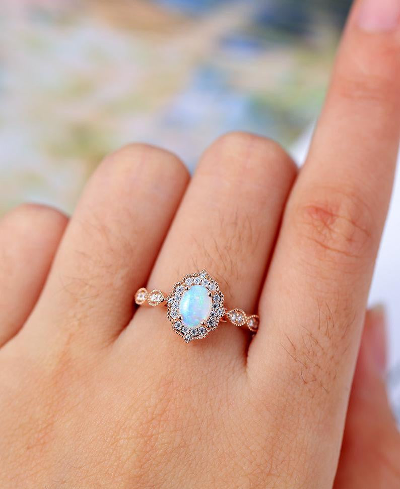 Vintage Floral Oval Cut Opal Engagement Ring with Halo Rose Gold Marquise 1/4 Diamond Band - Perfect for Wedding, Proposal & Anniversary Gifts