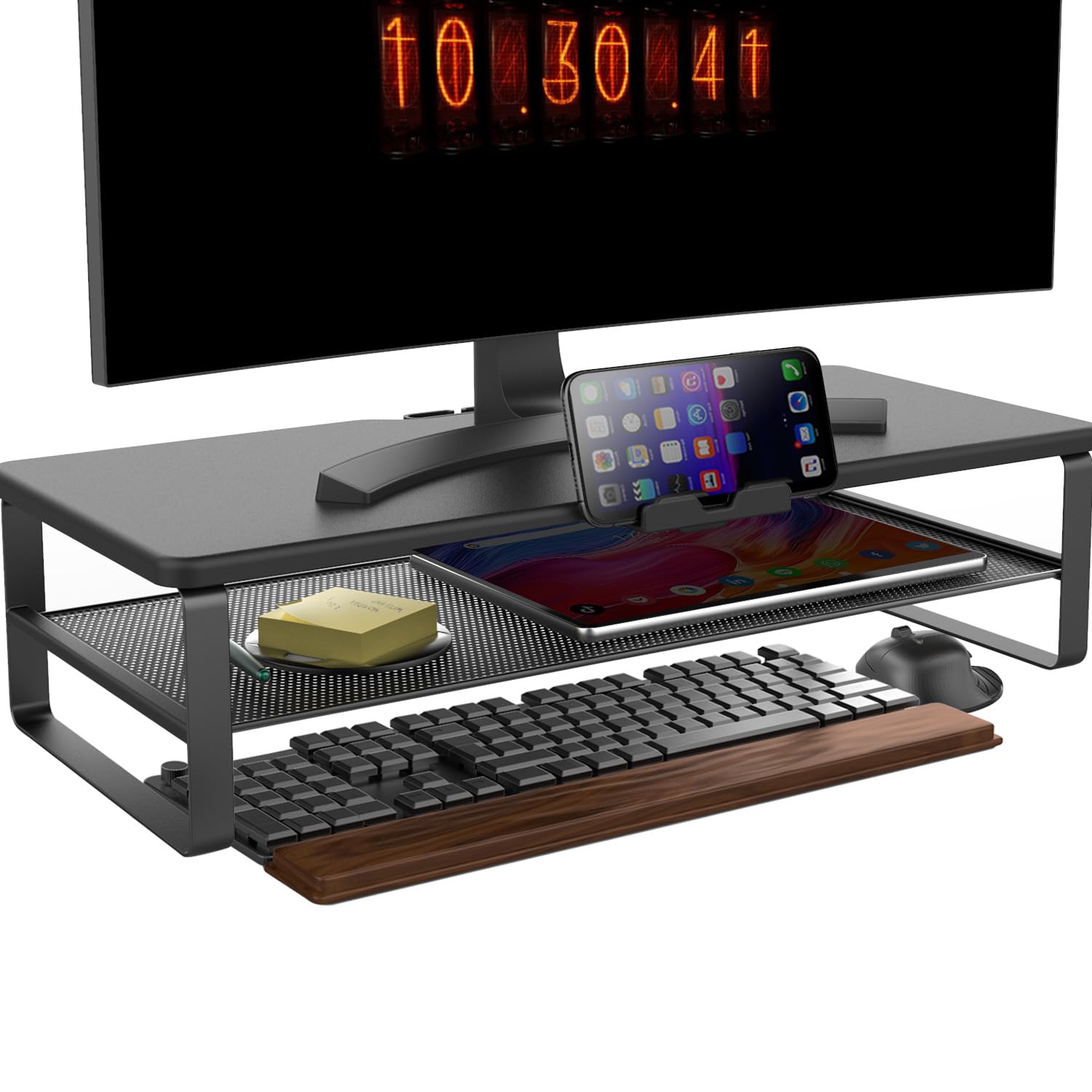 Doowiit 2-Tier Monitor Stand with Drawer, Phone Holder & Cable Management - Adjustable Desk Riser for Computer Monitor, Laptop, Printer | Home Office Organization Solution for Workspace & Gaming Setup (Black)