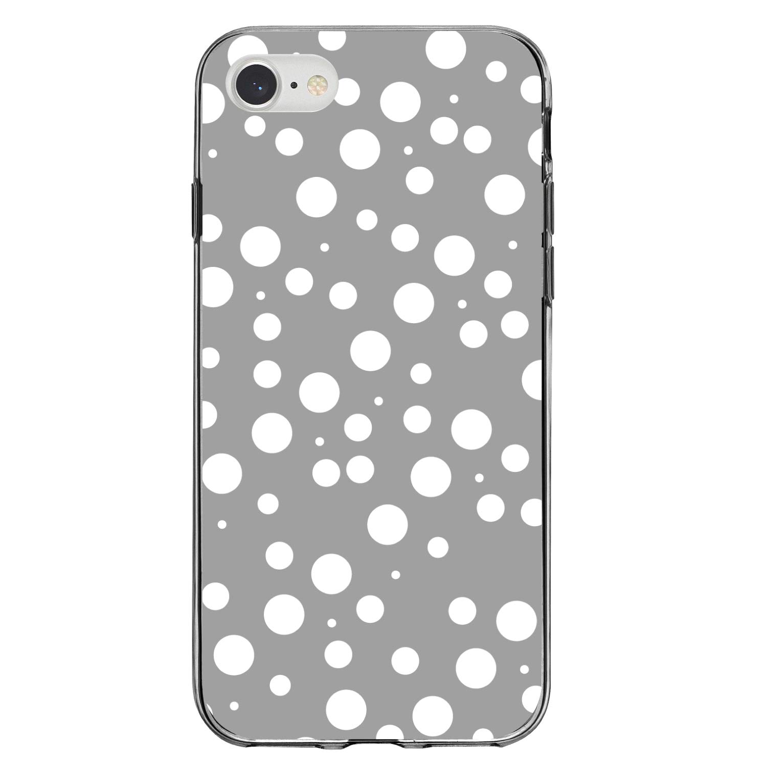 DistinctInk Clear Shockproof Hybrid Case for iPhone 7/8/SE 2 (4.7 Inch) - Durable TPU Bumper & Acrylic Back with Tempered Glass Screen Protector - Grey White Polka Dot Design - Perfect for Everyday Protection & Style Enhancement
