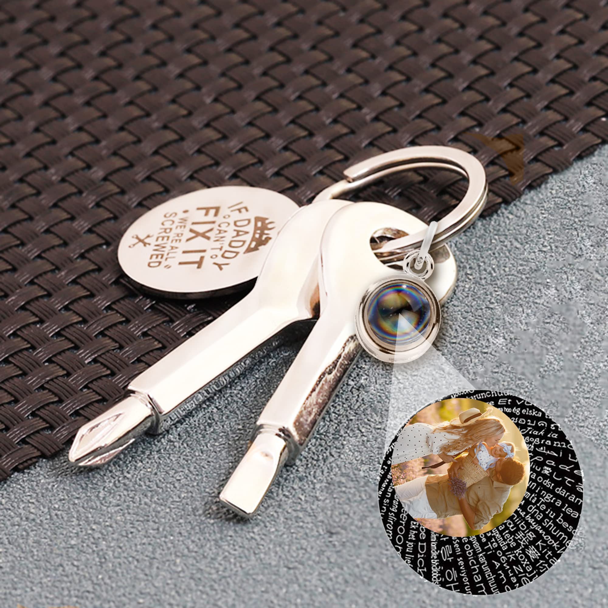 Custom Photo Projection Keychain for Dad - Personalized Engraved Round Pendant with Picture Inside - Unique Father's Day Gift Idea for Birthday, Anniversary & Special Occasions