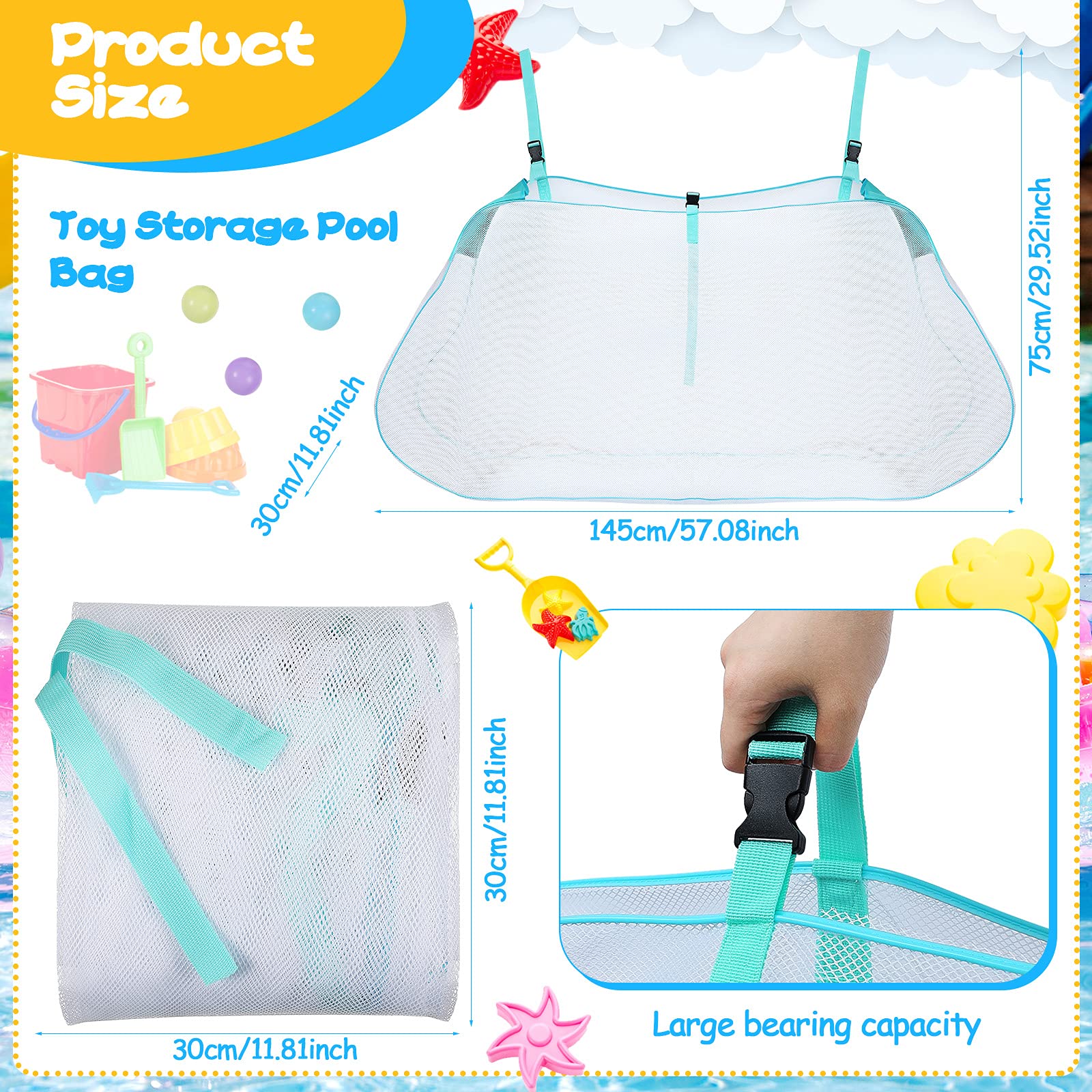 **Large Hanging Pool Toy Storage Bag - Heavy-Duty Mesh Organizer for Inflatables, Floats, Footballs, Basketballs & Garage Supplies - Perfect for Swimming Pool, Backyard & Beach (Blue-Green)**