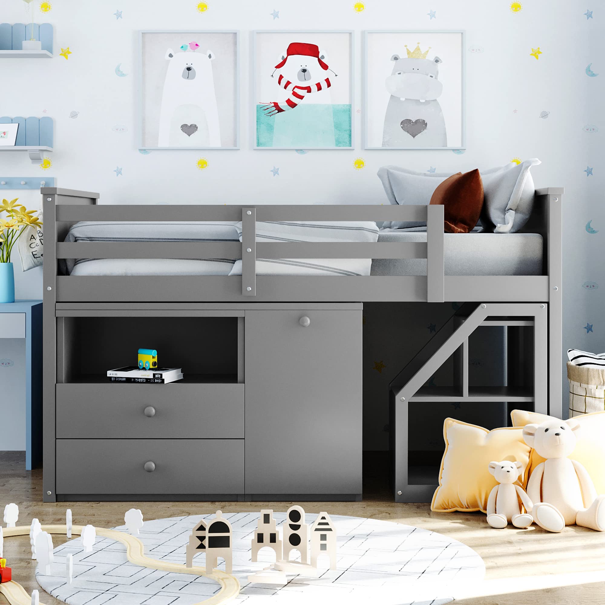 Kids Twin Loft Bed with Study Desk & Storage - Low Height Wooden Bunk Bed Frame, Portable Workstation & Stair Drawers (Gray) - Perfect for Small Bedrooms, Dorms & Space-Saving Kids' Rooms