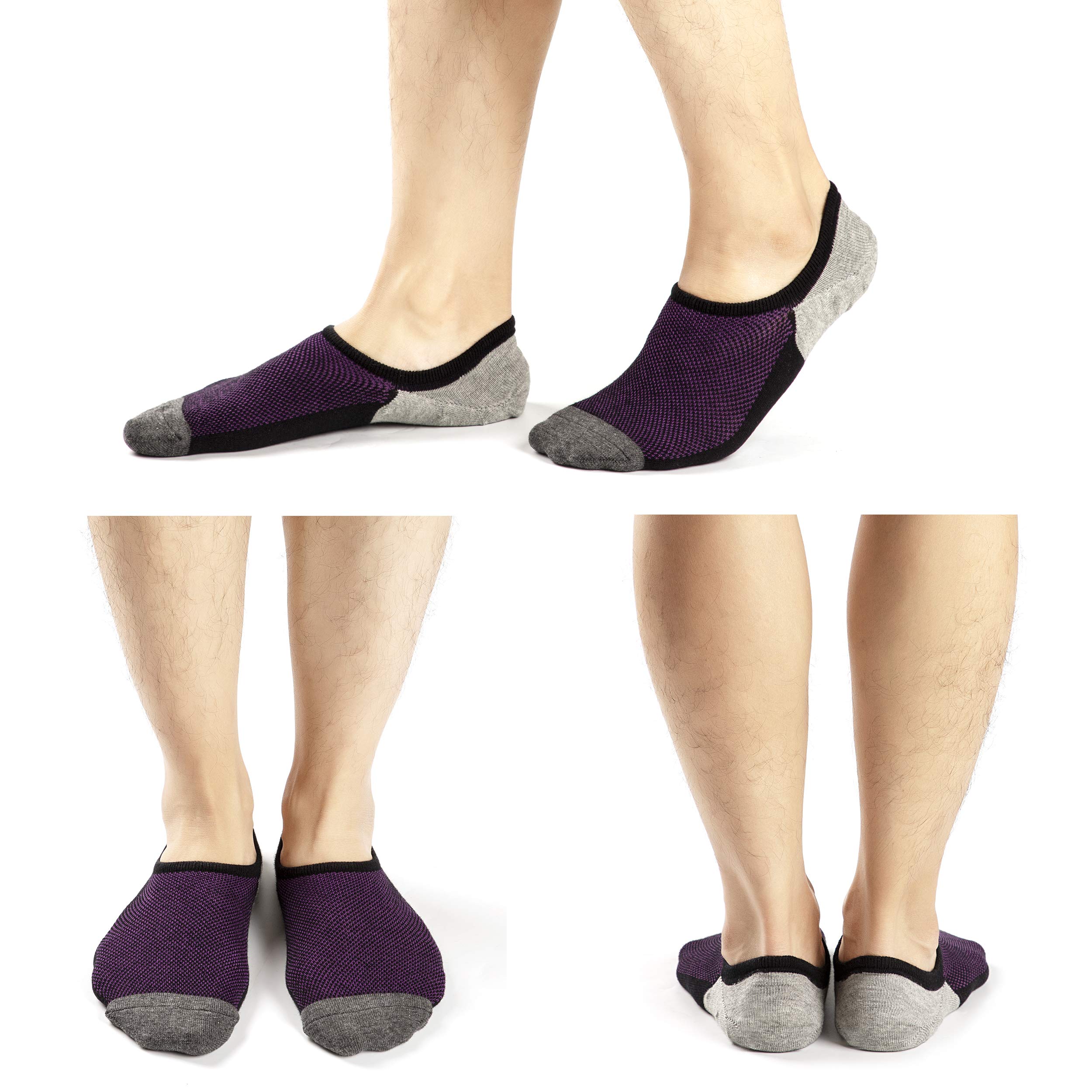 Mottee&Zconia Men's No Show Low Cut Ankle Socks (6 Pack - Black & Purple) Size 8-11 - Breathable Invisible Socks for Sneakers, Loafers & Casual Shoes