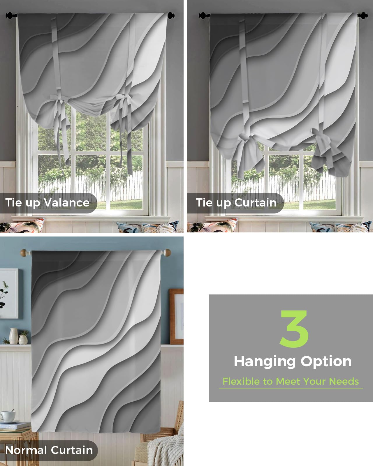 Modern Abstract Tie Up Kitchen Curtains - Gray Striped Geometric Ripple Line Balloon Shade with Rod Pocket, 42