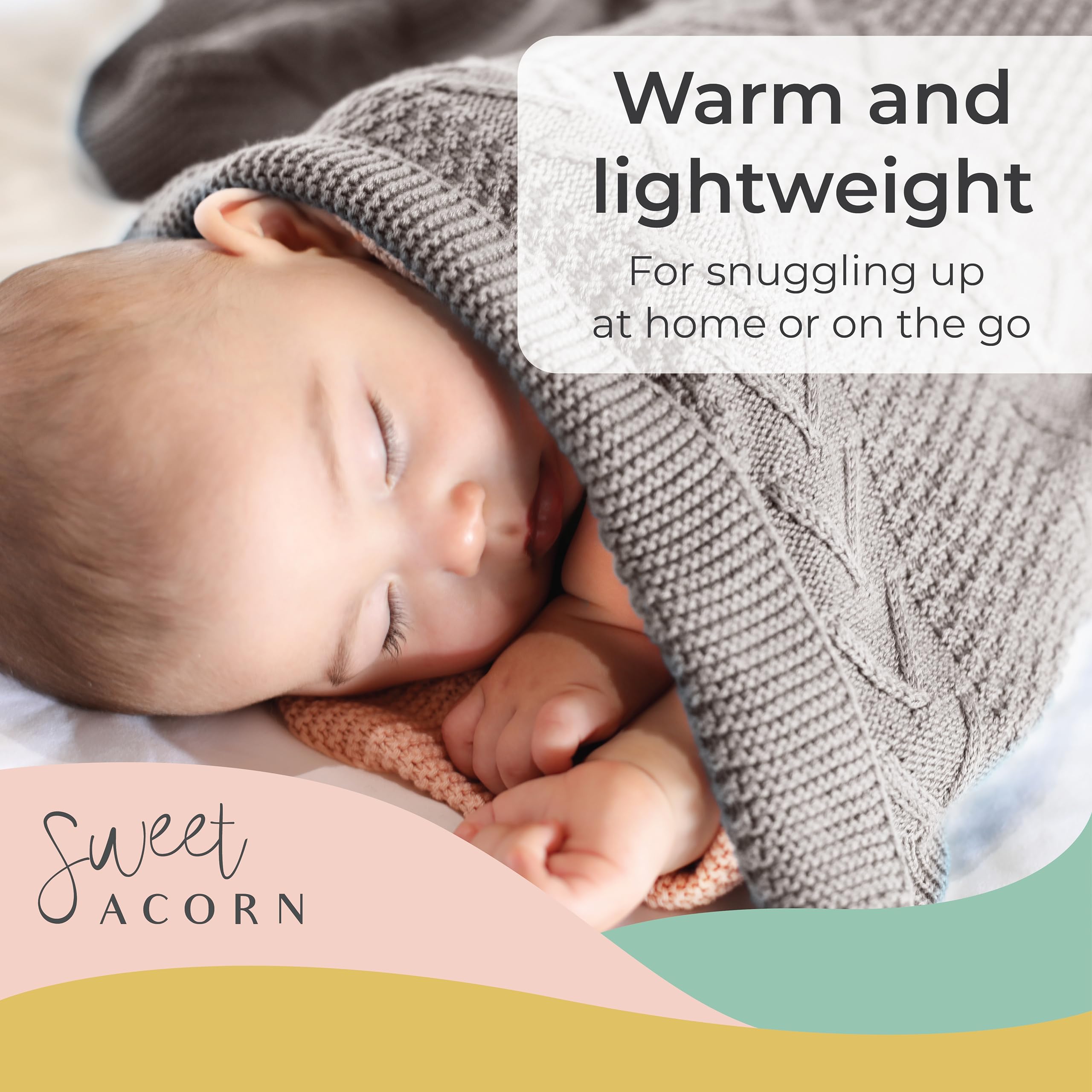 Organic Cotton Sweet Acorn Cable Knit Baby Blanket - Soft Crib & Stroller Blanket for Newborns - Receiving Blanket in Fog Grey - Perfect for Nursery, Swaddling & On-the-Go Comfort