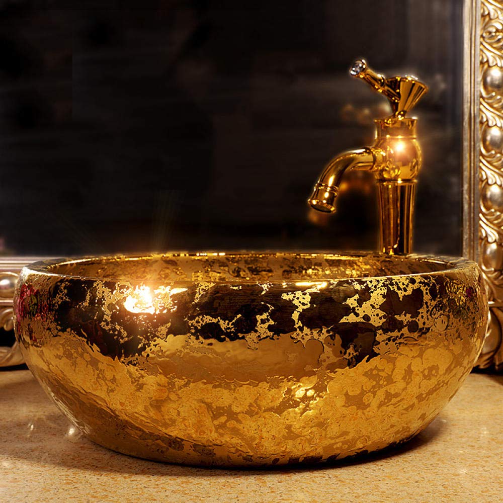 Artistic Ceramic Vessel Sink - Round Golden Glazed Bathroom Countertop Basin | Modern Vanity Sink for Powder Room, Guest Bath & Luxury Home Decor