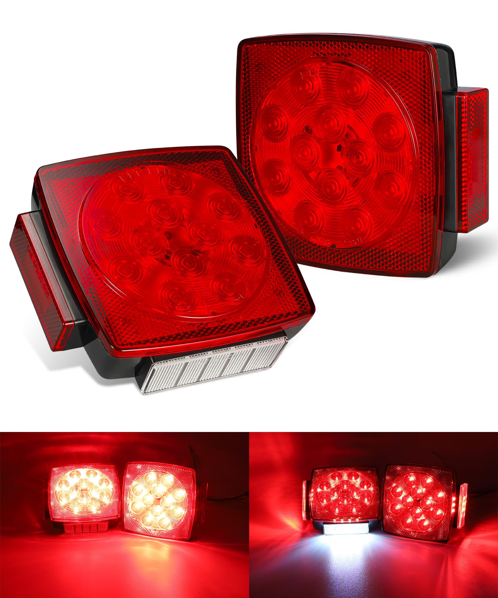 Partsam Pair Slim Square LED Trailer Lights - Submersible Tail Lights with 15 Red & 4 White 5050 SMD LEDs - Stop/Turn/Tail Lights with Side Clearance & License Plate Light - Waterproof IP67 Red Lens for Under 80