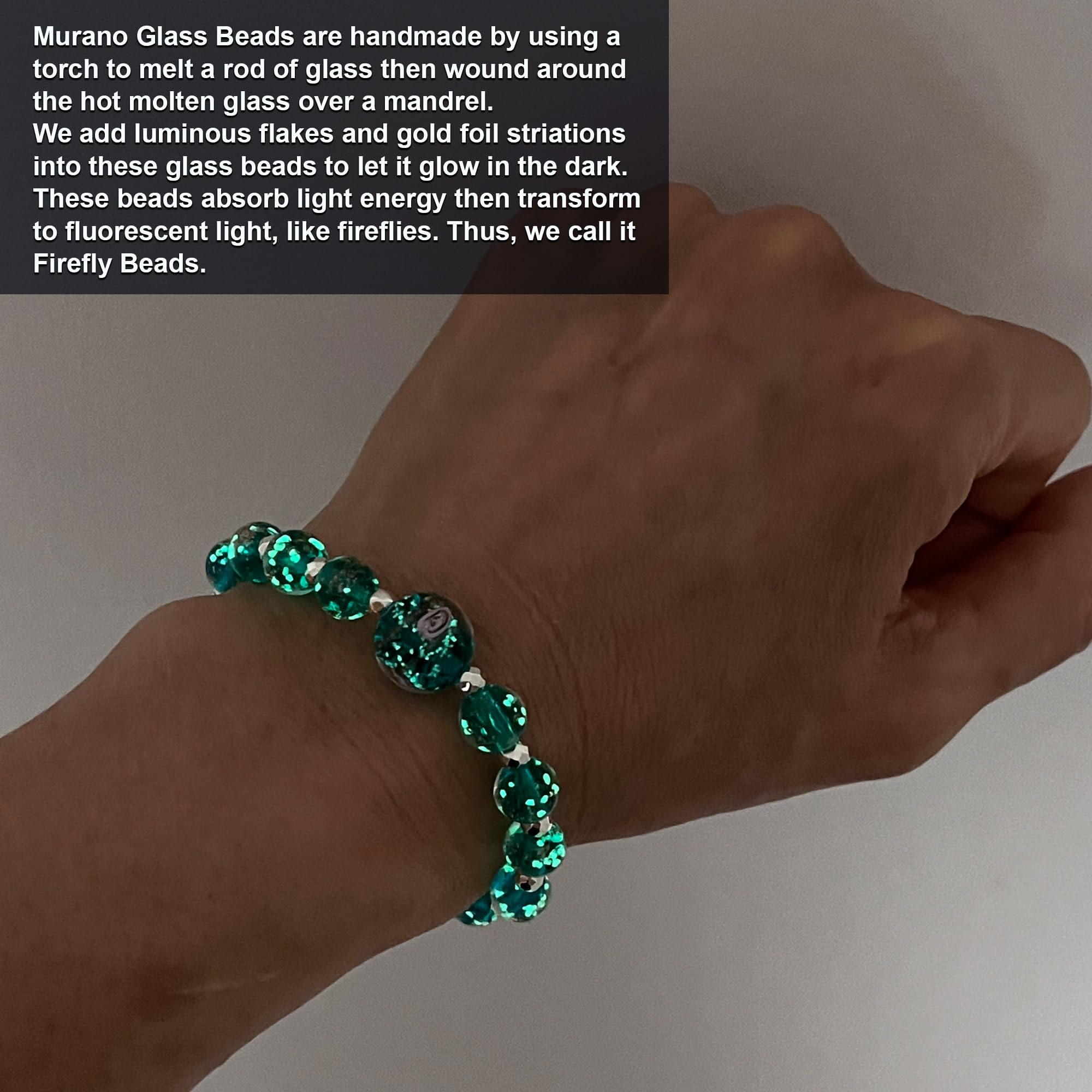 Glow in The Dark Firefly Beads Bracelet & Necklace Set - Murano Glass Beads Crystal Birthstone Jewelry with Adjustable Slider Chain | Handmade Luminous Glass Beads for Women, Girls | Perfect for Night Parties, Rave Events & Gift Giving