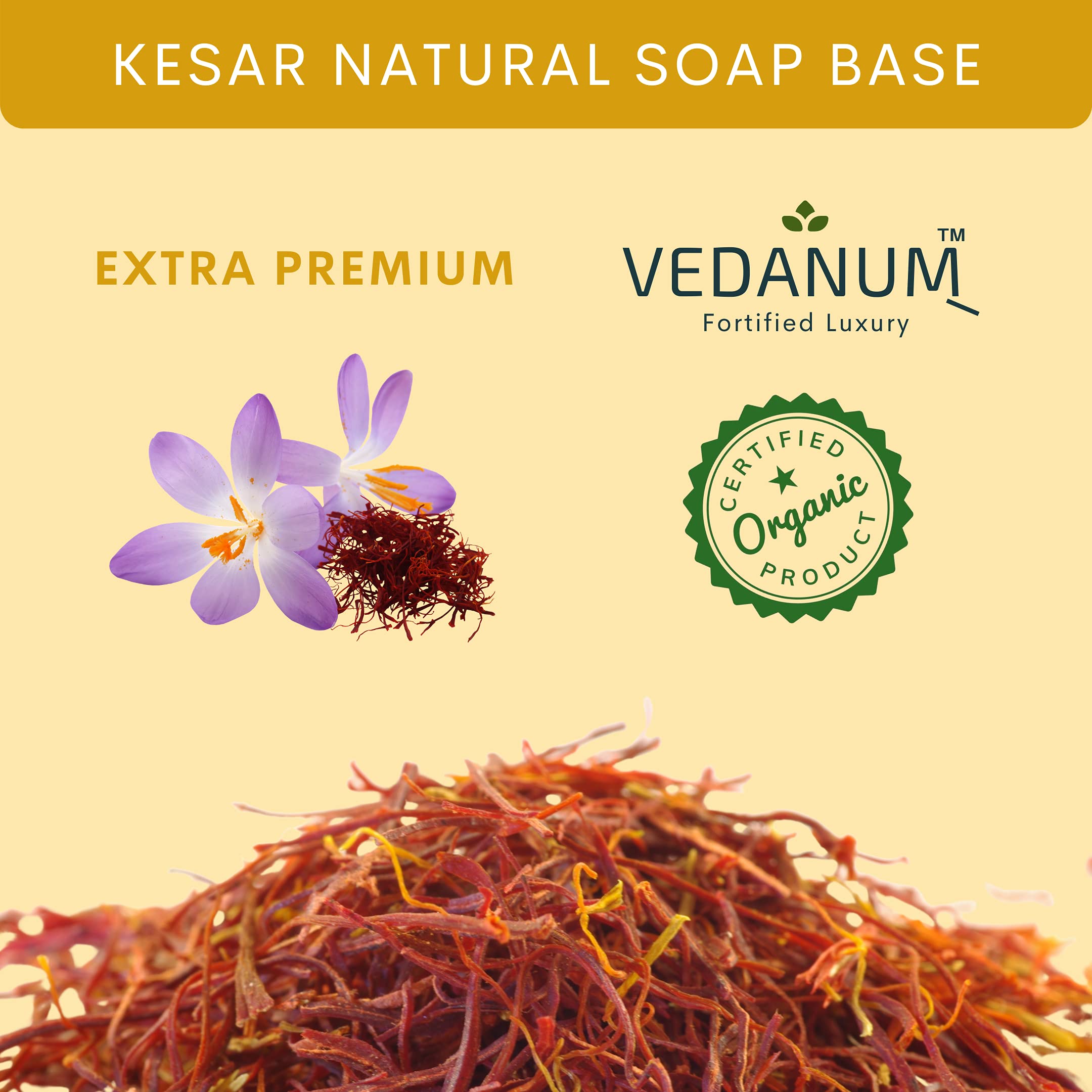 VEDANUM Kesar Ultra Premium Melt and Pour Saffron Soap Base for Soap Making - 500 Gm (Sulfate & Paraben Free) - Handmade Soap Crafting, DIY Skincare, Gift for Her, Spa & Bath Luxury