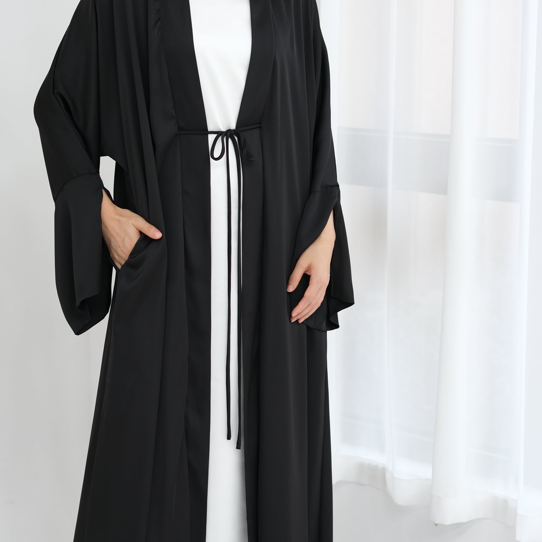 Lavinia Satin Open Abaya Dress for Women - Elegant Muslim Abaya Robe - Black Islamic Prayer Dress for Mosque, Eid & Special Occasions