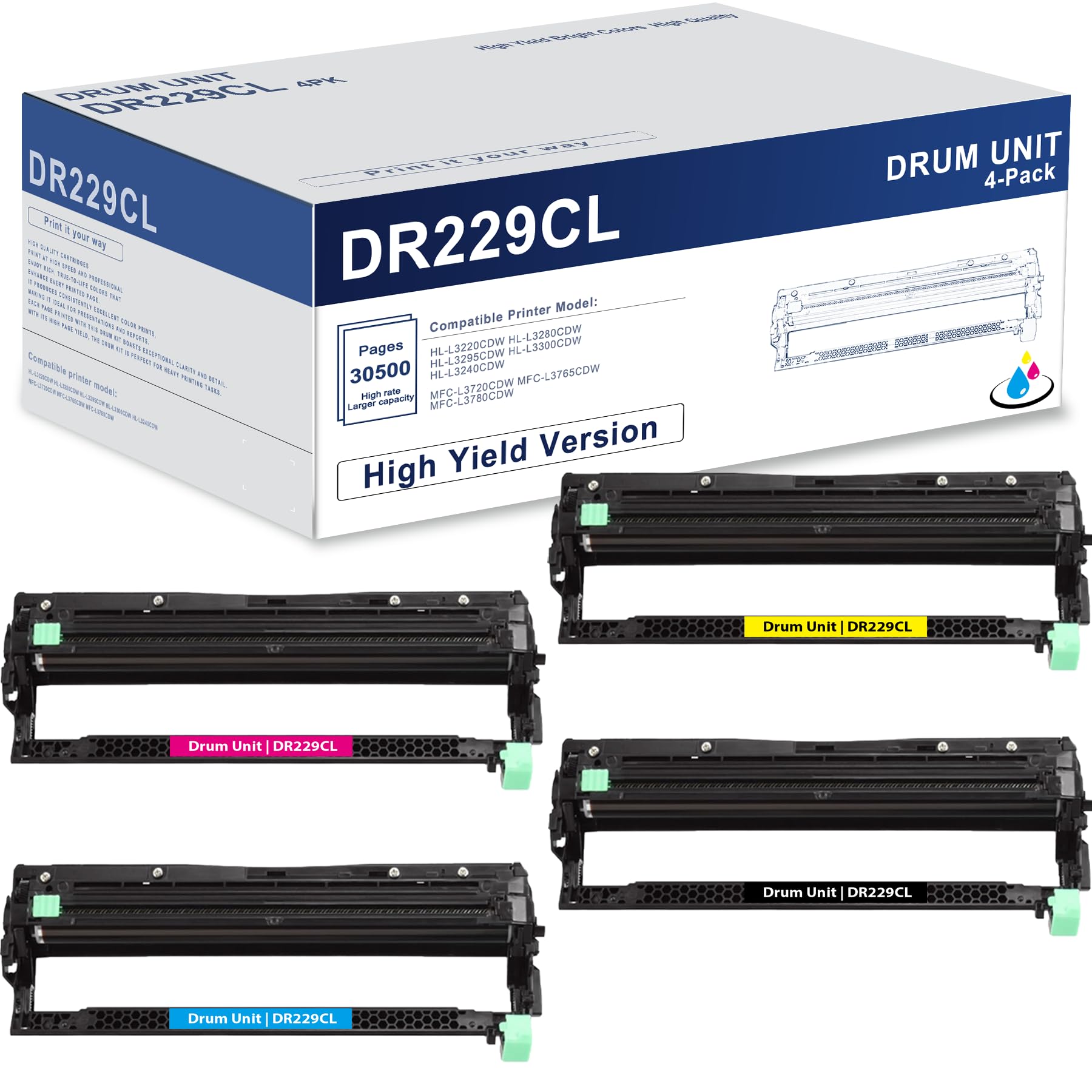 4-Pack DR229CL Compatible Drum Unit Replacement for Brother HL-L3220CDW HL-L3280CDW HL-L3300CDW MFC-L3720CDW MFC-L3780CDW Printers - 30,500 Page Yield (Not Toner) - Ideal for Office & Home Printing Needs