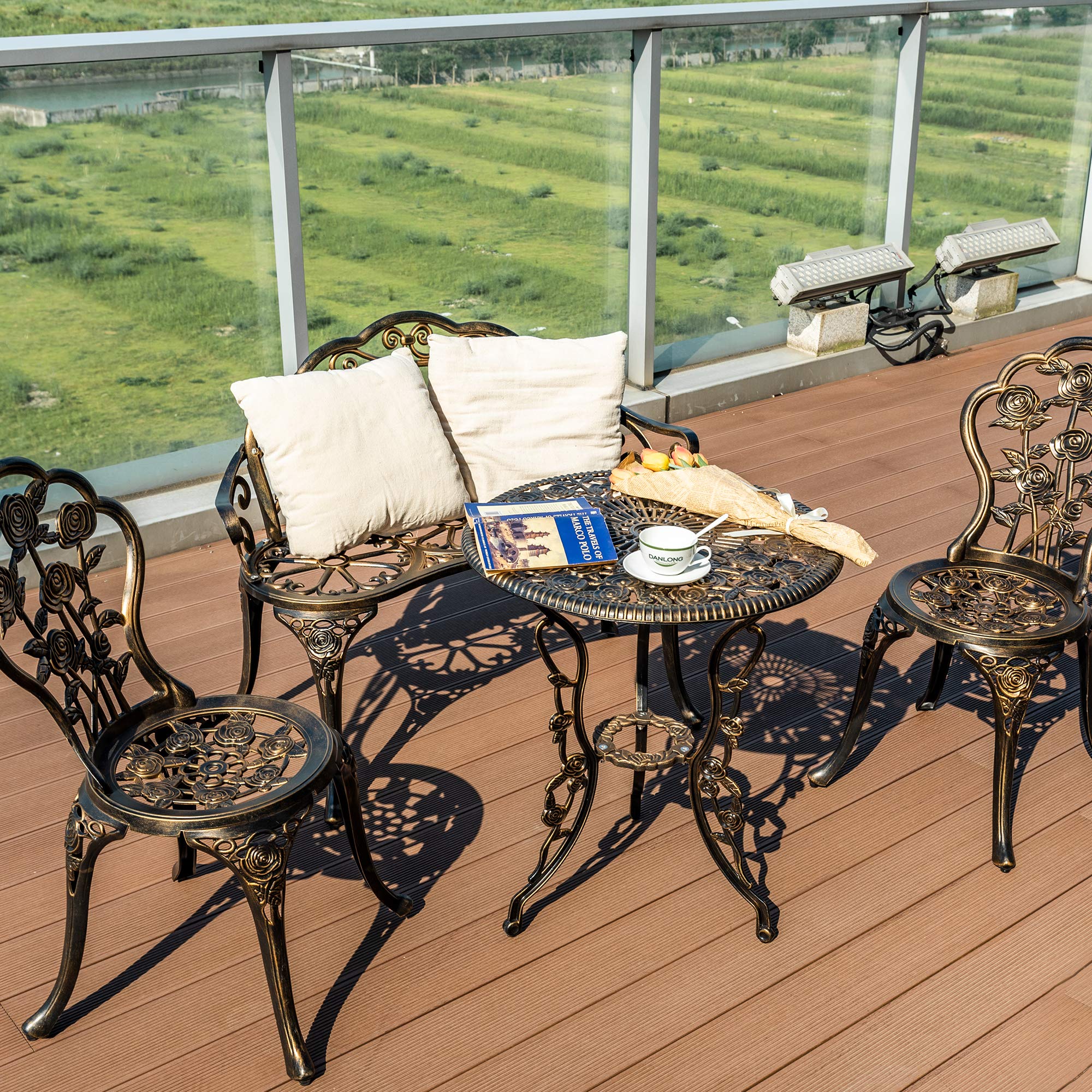 3-Piece Patio Bistro Table Set - Outdoor Cast Aluminum Dining Set with Umbrella Hole, Rose Flower Design, Dark Bronze Balcony Furniture (Perfect for Small Spaces, Garden, Deck & Backyard Relaxation)