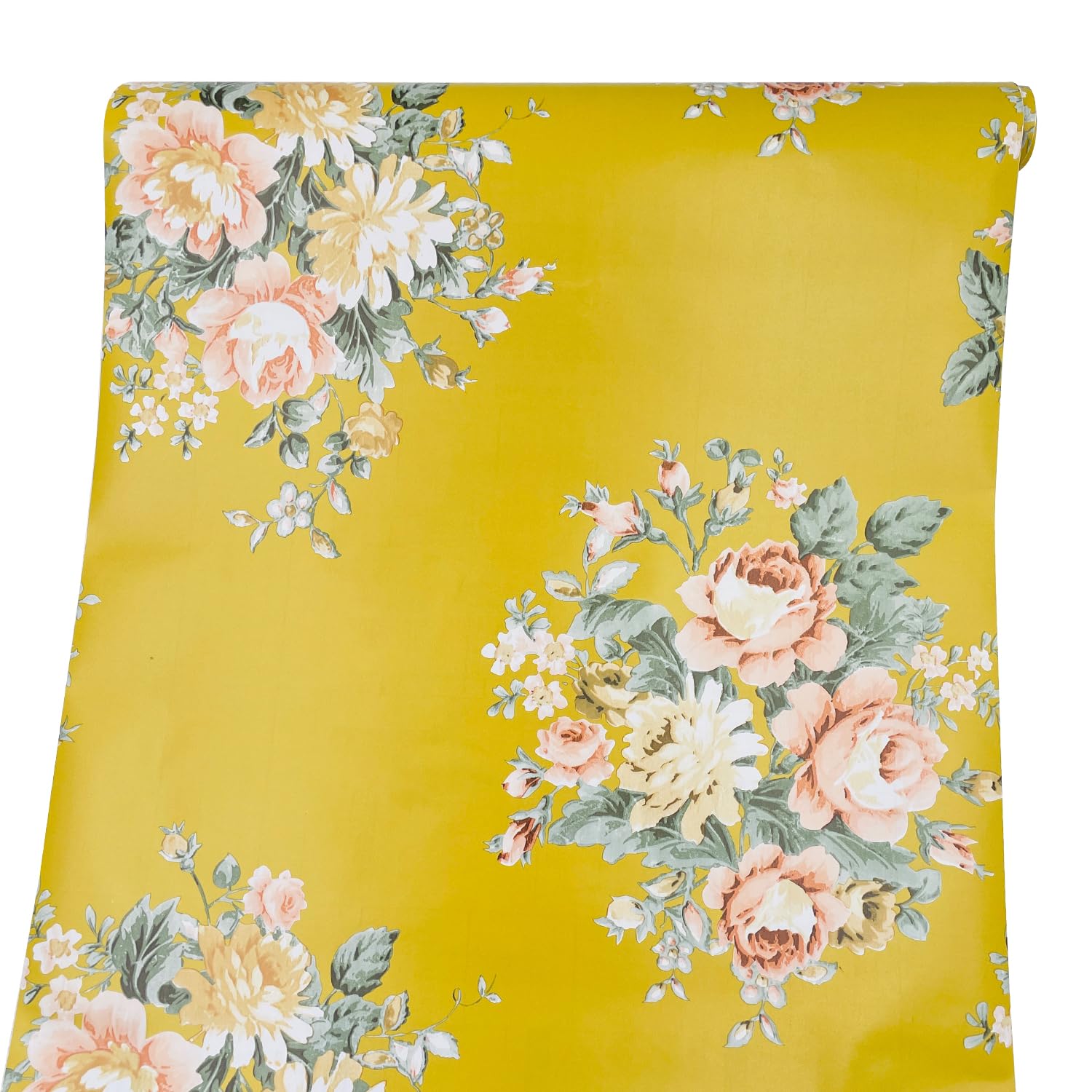 Vintage Peony Floral Self-Adhesive Shelf Liner - Dark Yellow Peel & Stick Drawer Liner - 17.7