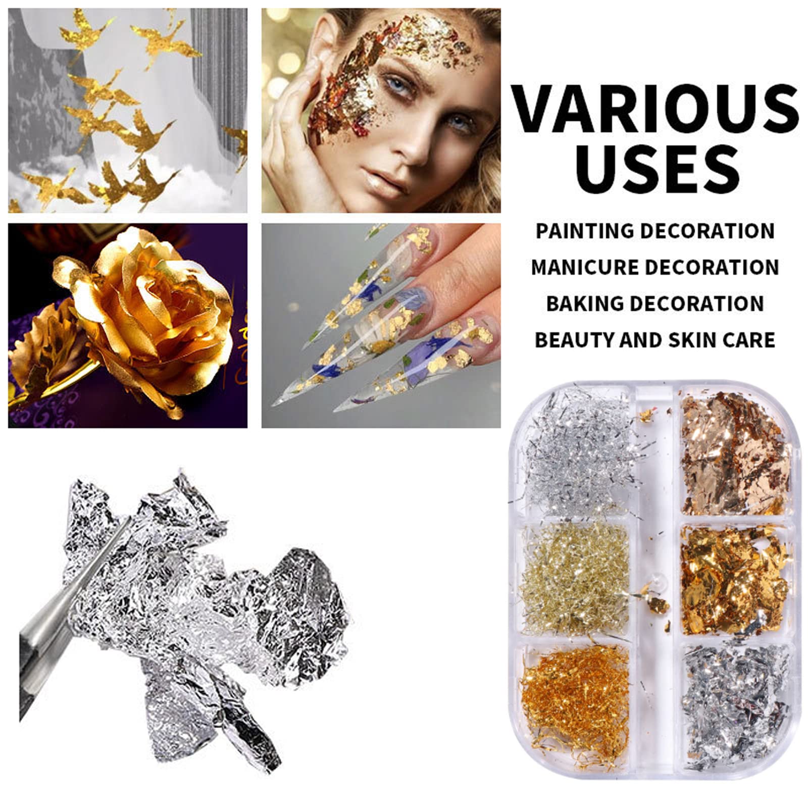 6 Grids Gold Silver Nail Foils - Shining Nail Glitter Flakes & Sequins Stickers for Nail Art | DIY Manicure, Salon Professional Nail Design Accessories