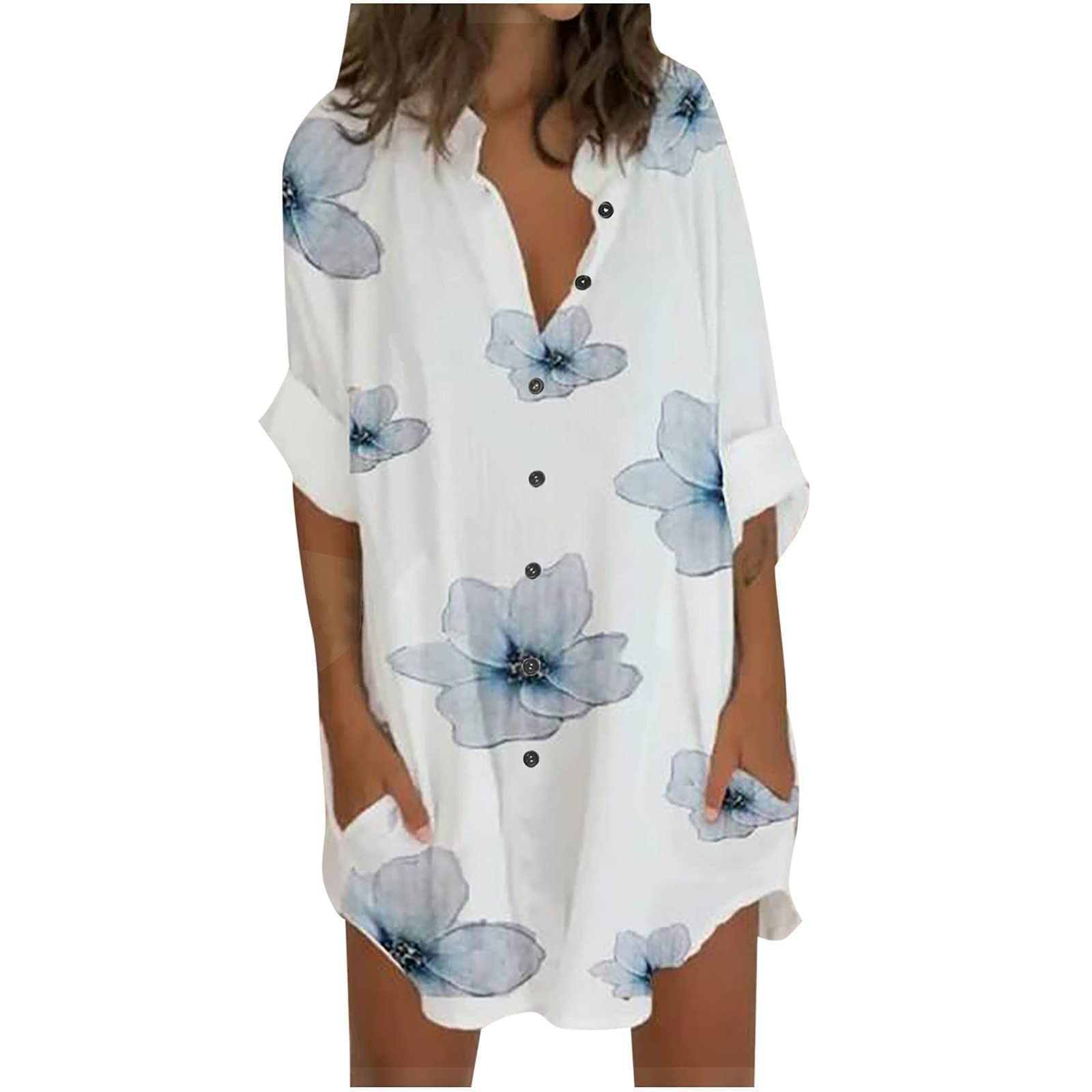 Women's Floral V-Neck Button Down Shirt Dress - Summer Short Sleeve Midi Dress with Pockets | Beach Cover Up, Casual Outing & Office Wear