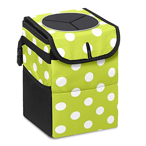 Foldable Leak-Proof Car Trash Can with Lid - Hanging Auto Garbage Organizer, Lime Green Polka Dot Design, Storage Pocket for Car Boot - Perfect for Road Trips, Commuting & Keeping Your Vehicle Clean