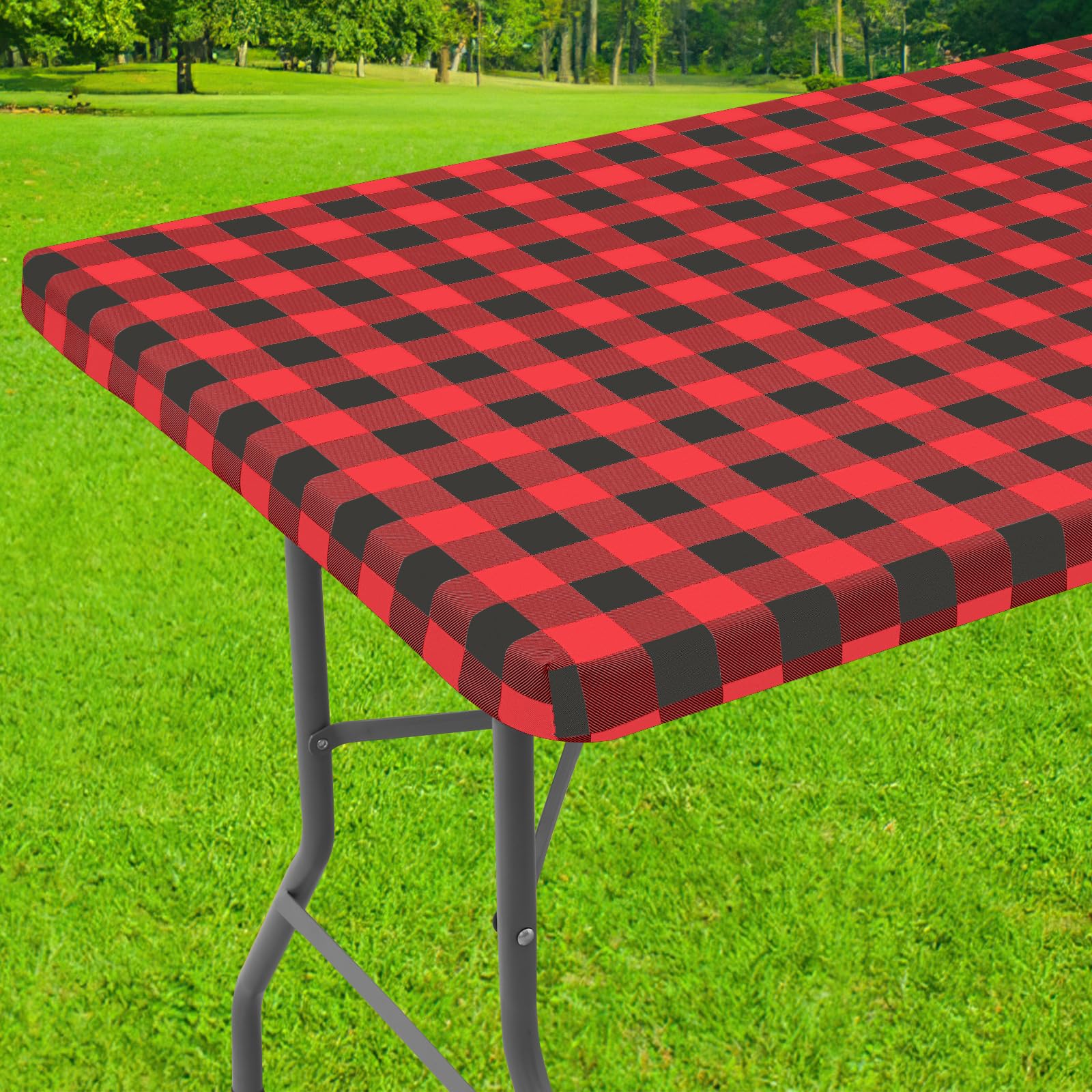 Smiry Rectangle Waterproof Picnic Tablecloth - Elastic Fitted Vinyl Table Cover for 6 Foot Tables, Flannel Backed Buffalo Plaid Design for Outdoor Dining, Camping & Parties (Black & Red, 30x72 Inches) - Perfect for BBQs, Picnics, Tailgating & Holiday Gatherings
