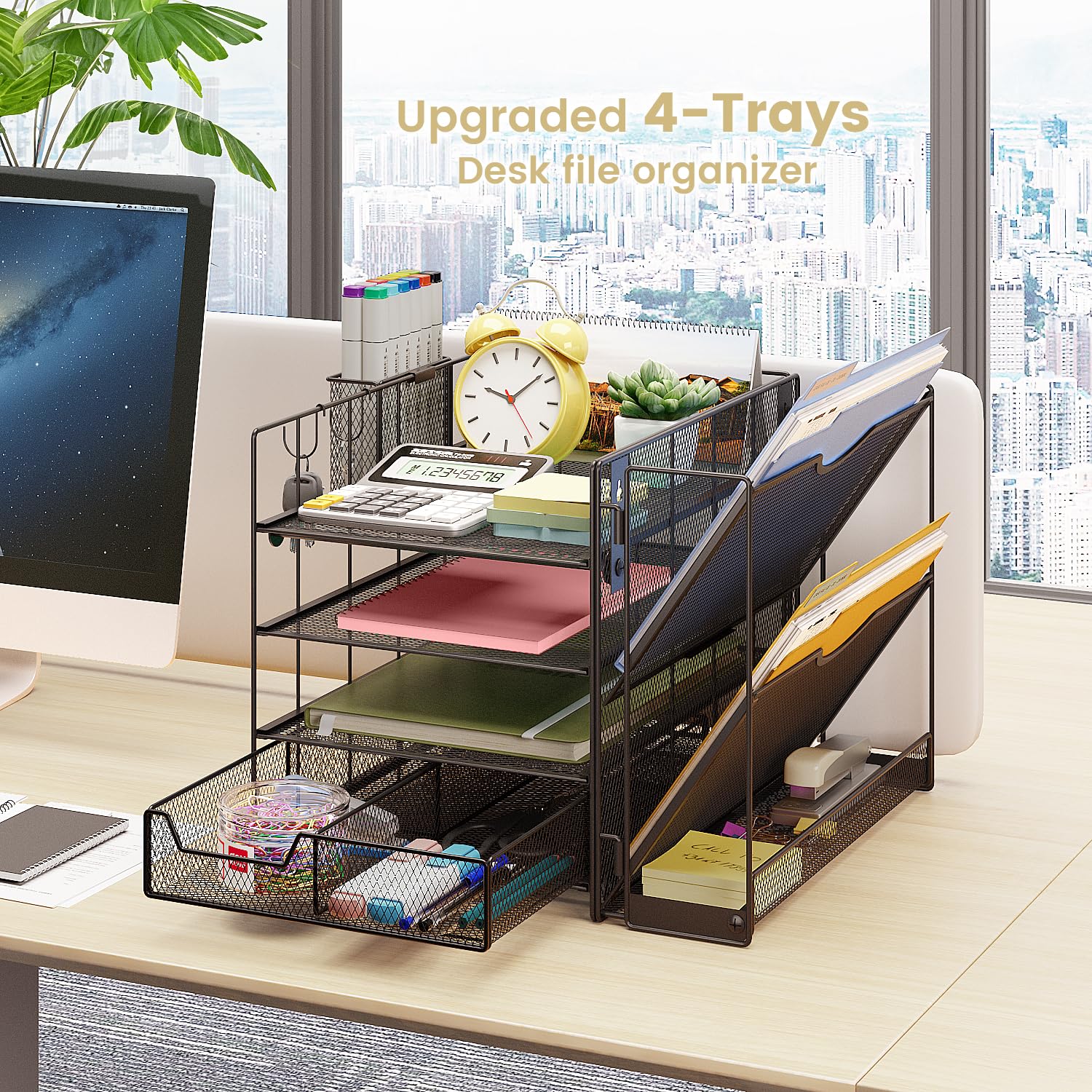 Wattne 4-Tier Mesh Desk Organizer with File Holder, Drawer & Pen Holder - Office Paper Letter Tray, Magazine Rack for Home & Workspace Supplies | Perfect for Organizing Documents, Stationery & Office Essentials